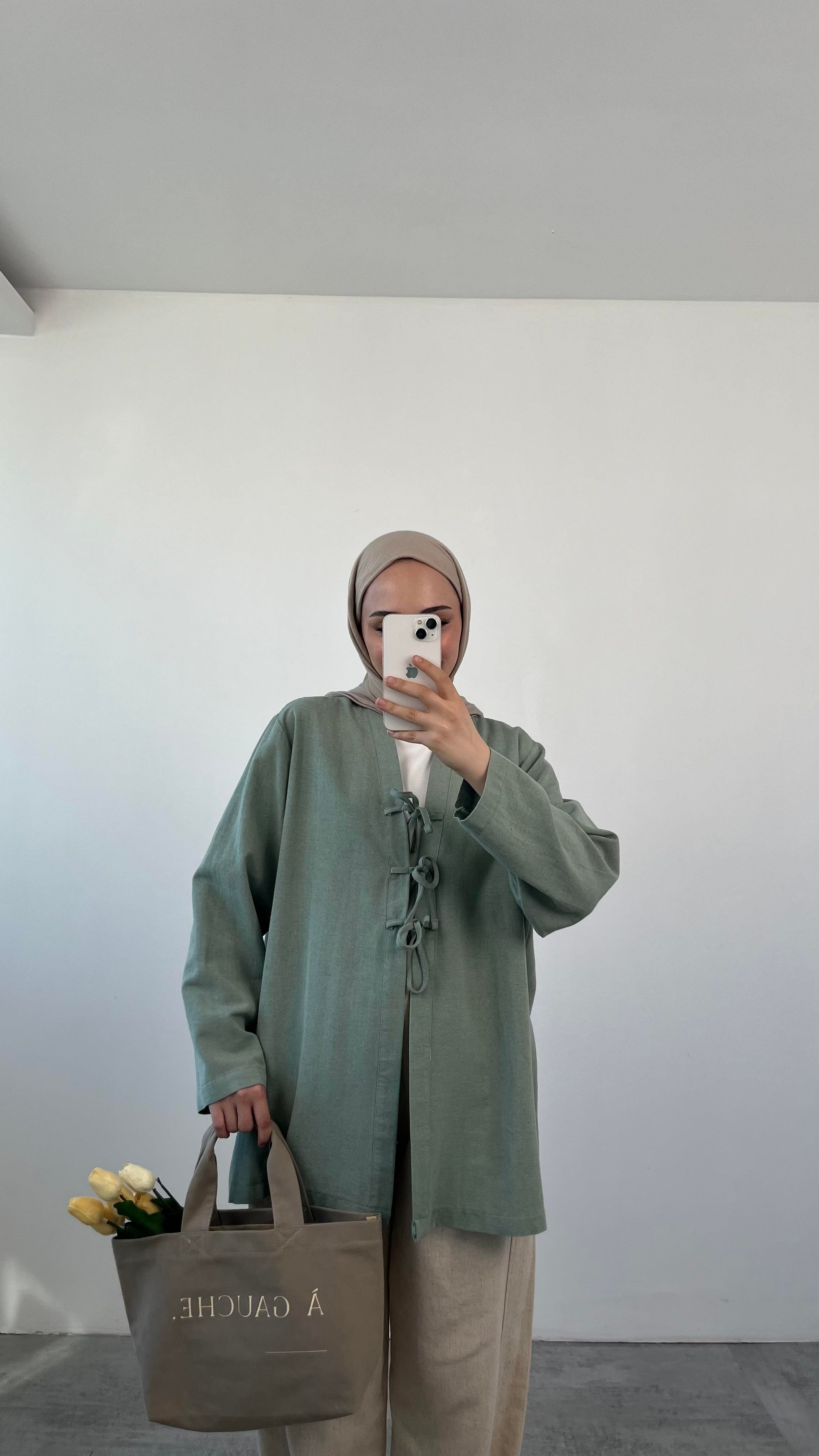 Önden Bağlamlı Keten Kimono Mint