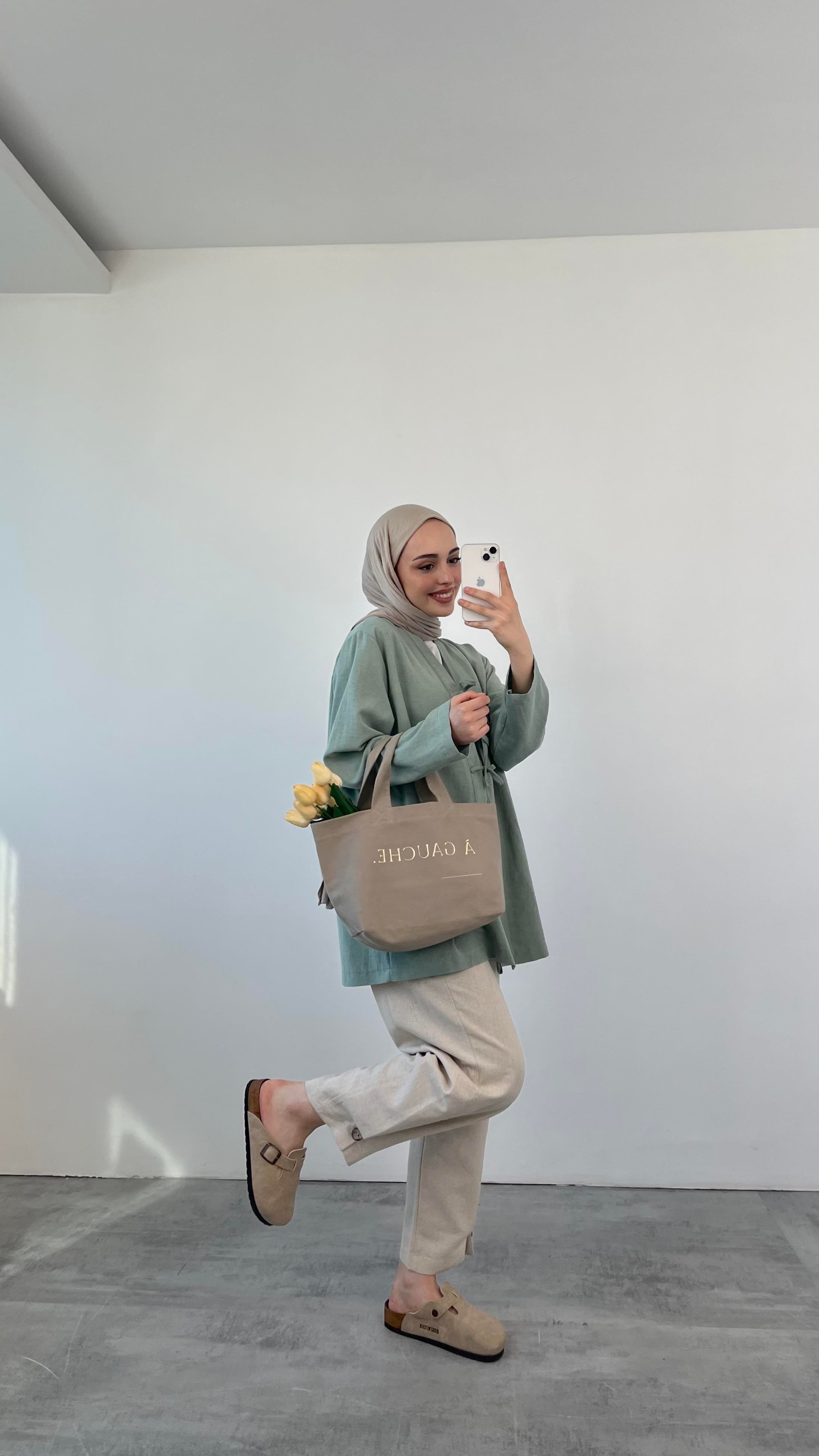 Önden Bağlamlı Keten Kimono Mint