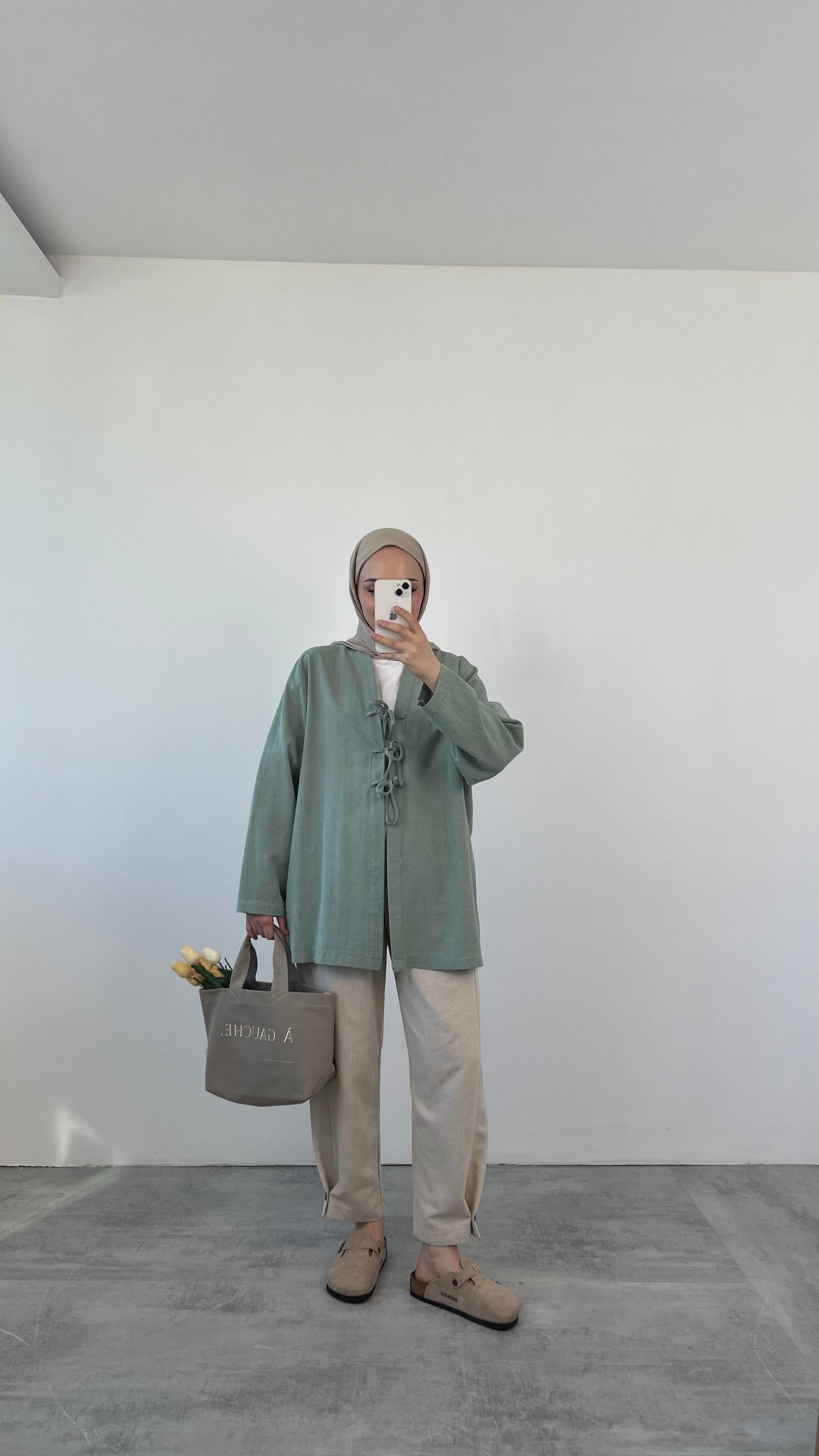 Önden Bağlamlı Keten Kimono Mint