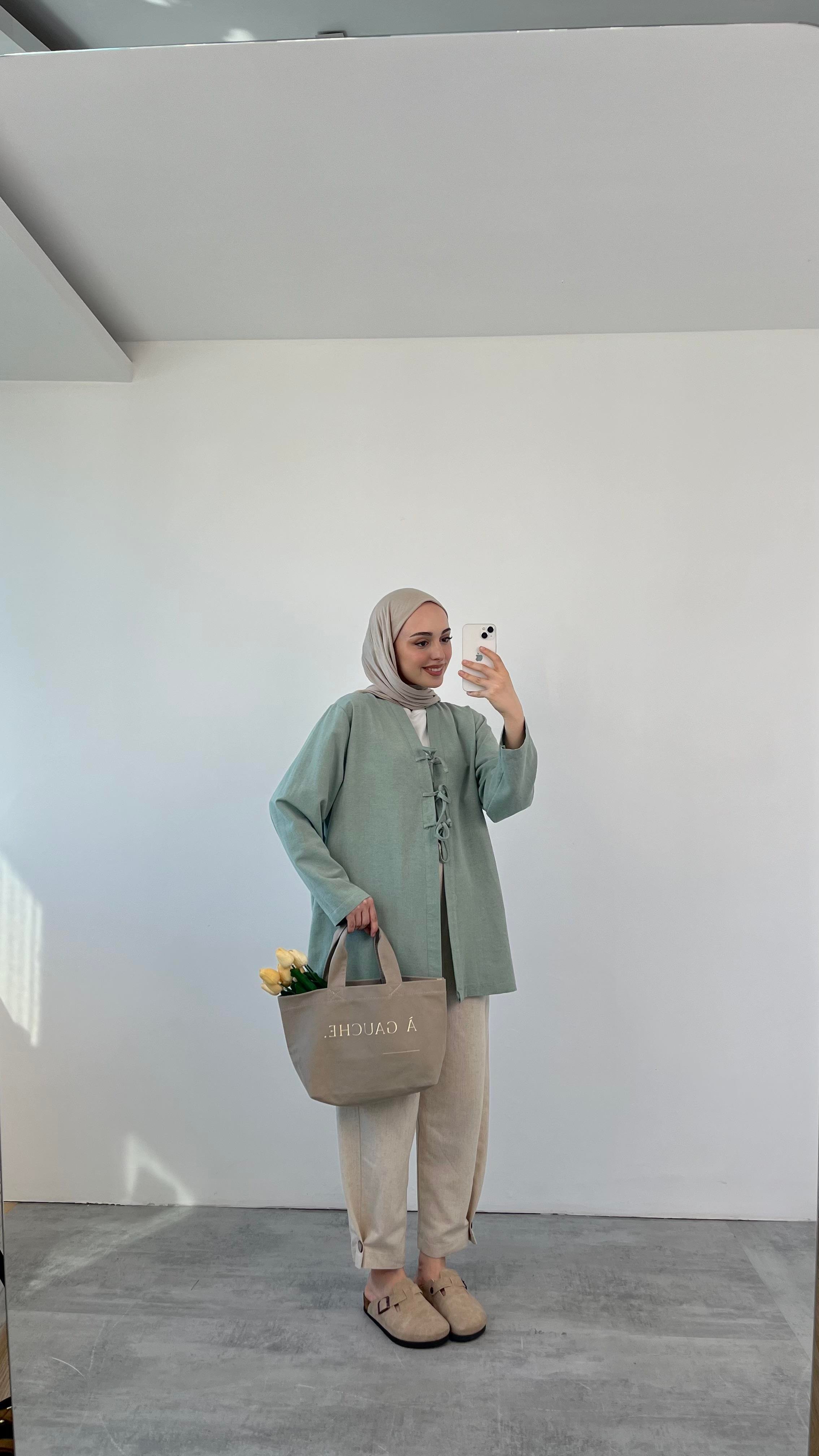 Önden Bağlamlı Keten Kimono Mint