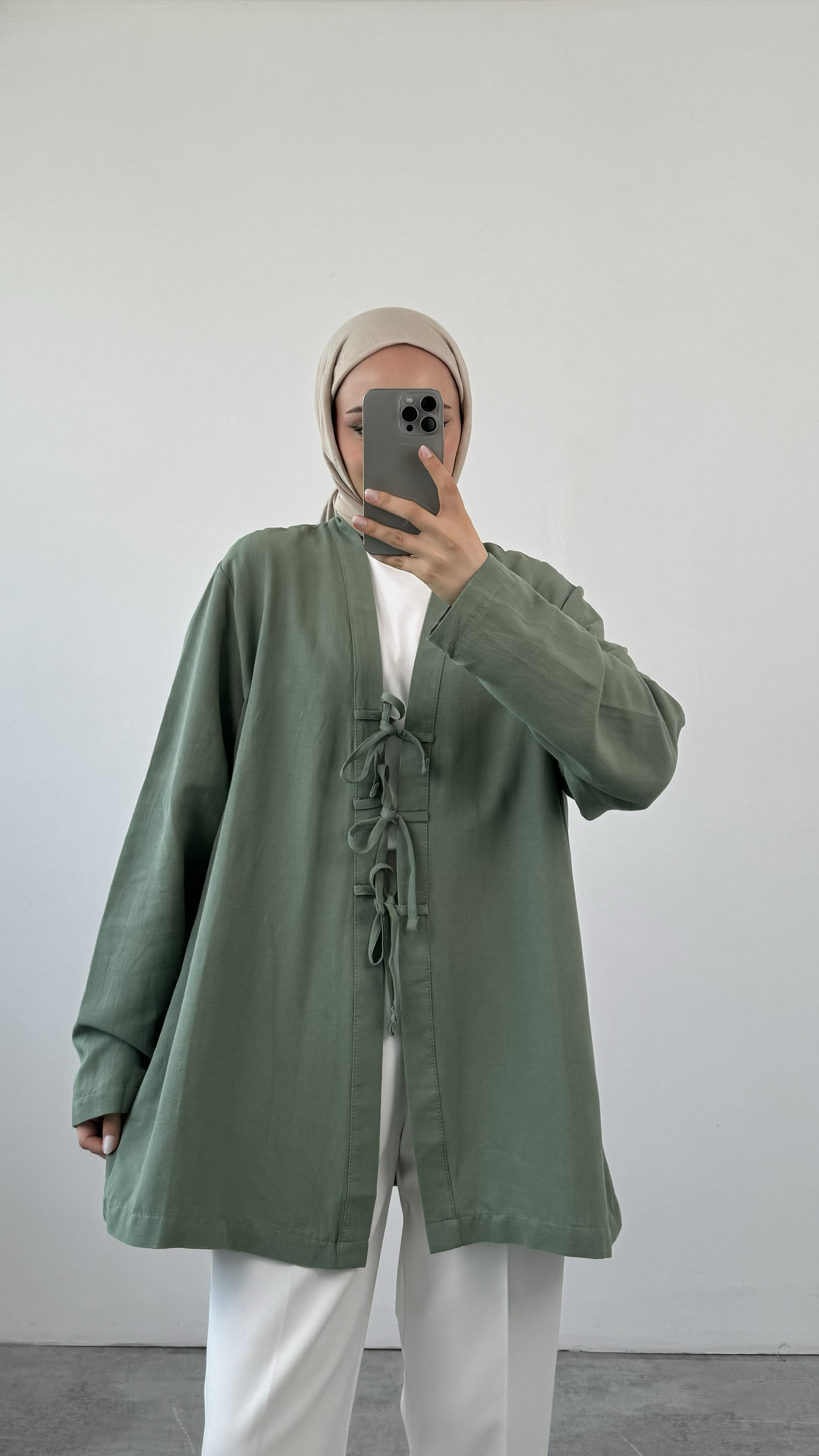 Önden Bağlamlı Keten Kimono Mint
