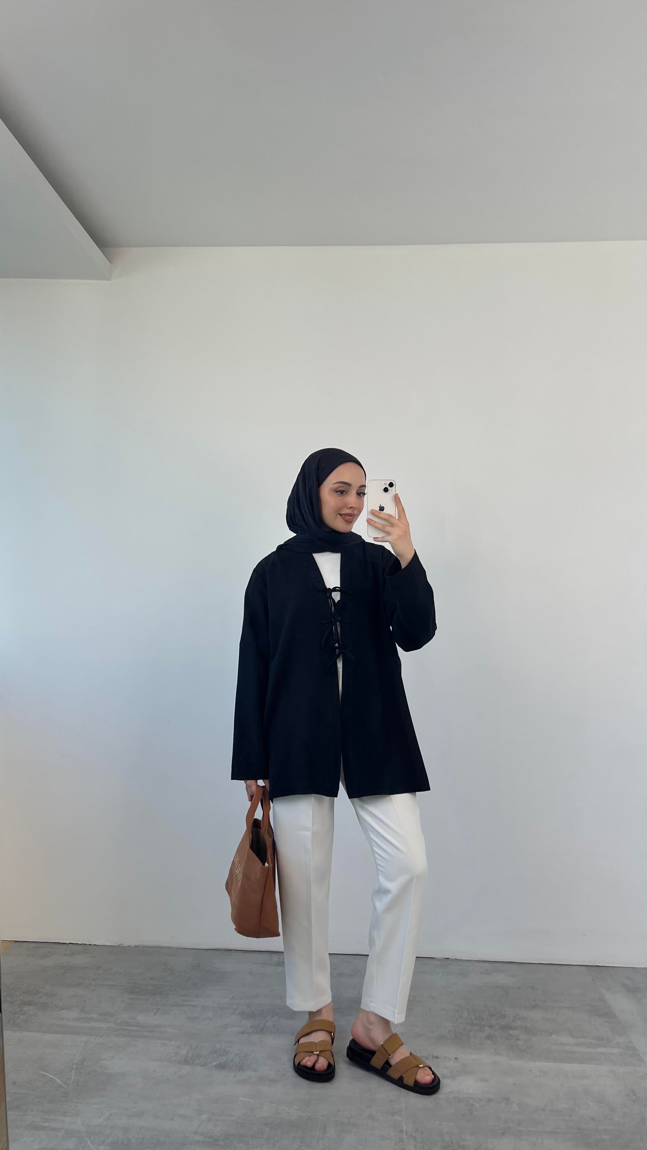 Önden Bağlamlı Keten Kimono Siyah