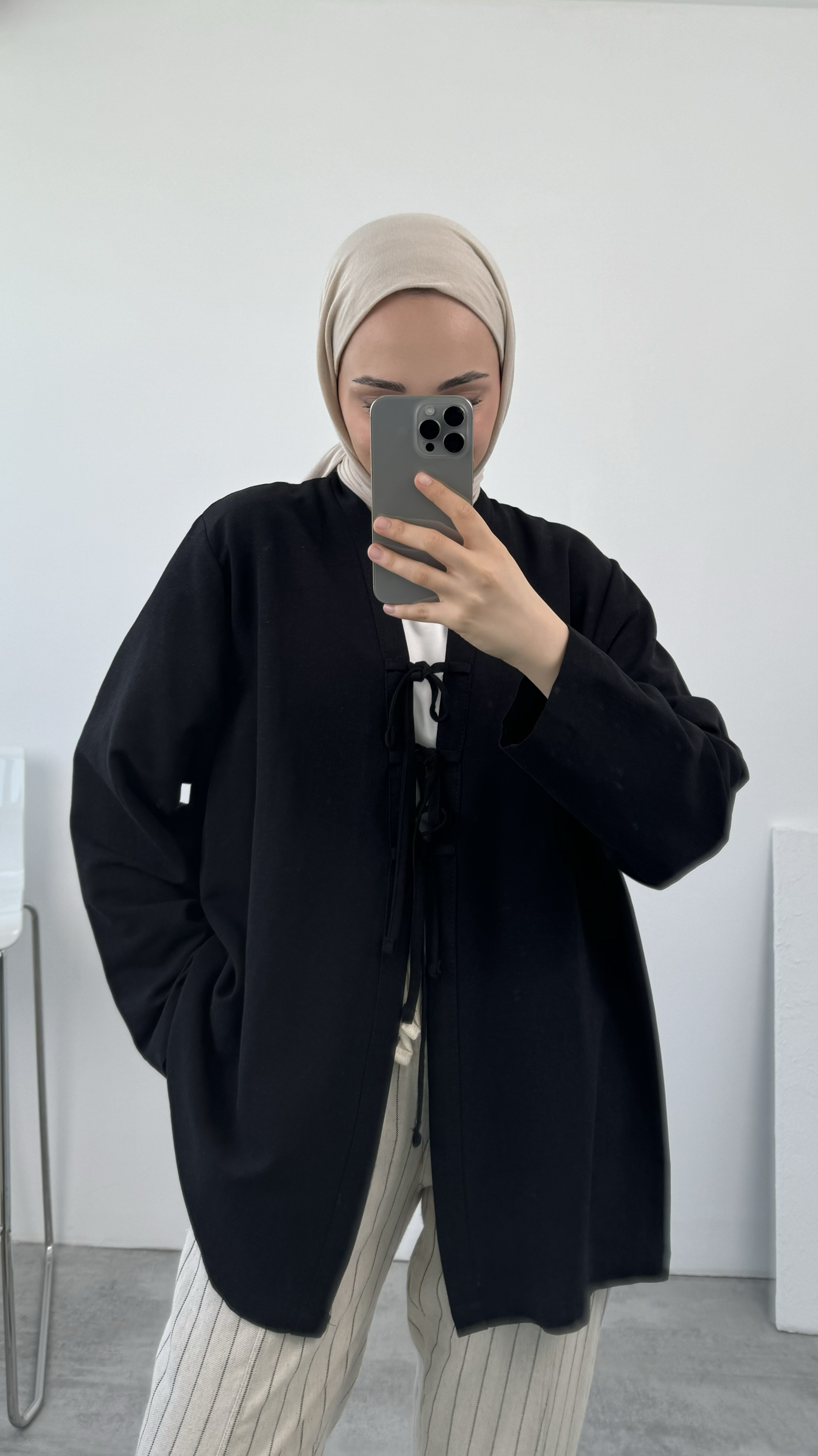 Önden Bağlamlı Keten Kimono Siyah