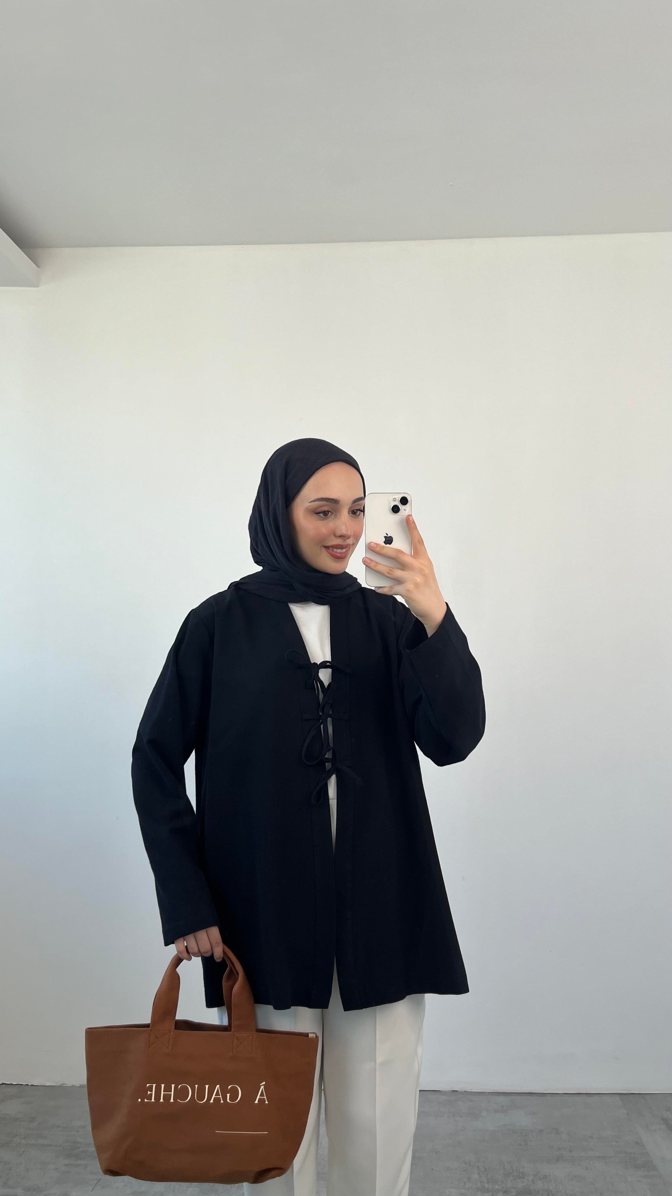 Önden Bağlamlı Keten Kimono Siyah