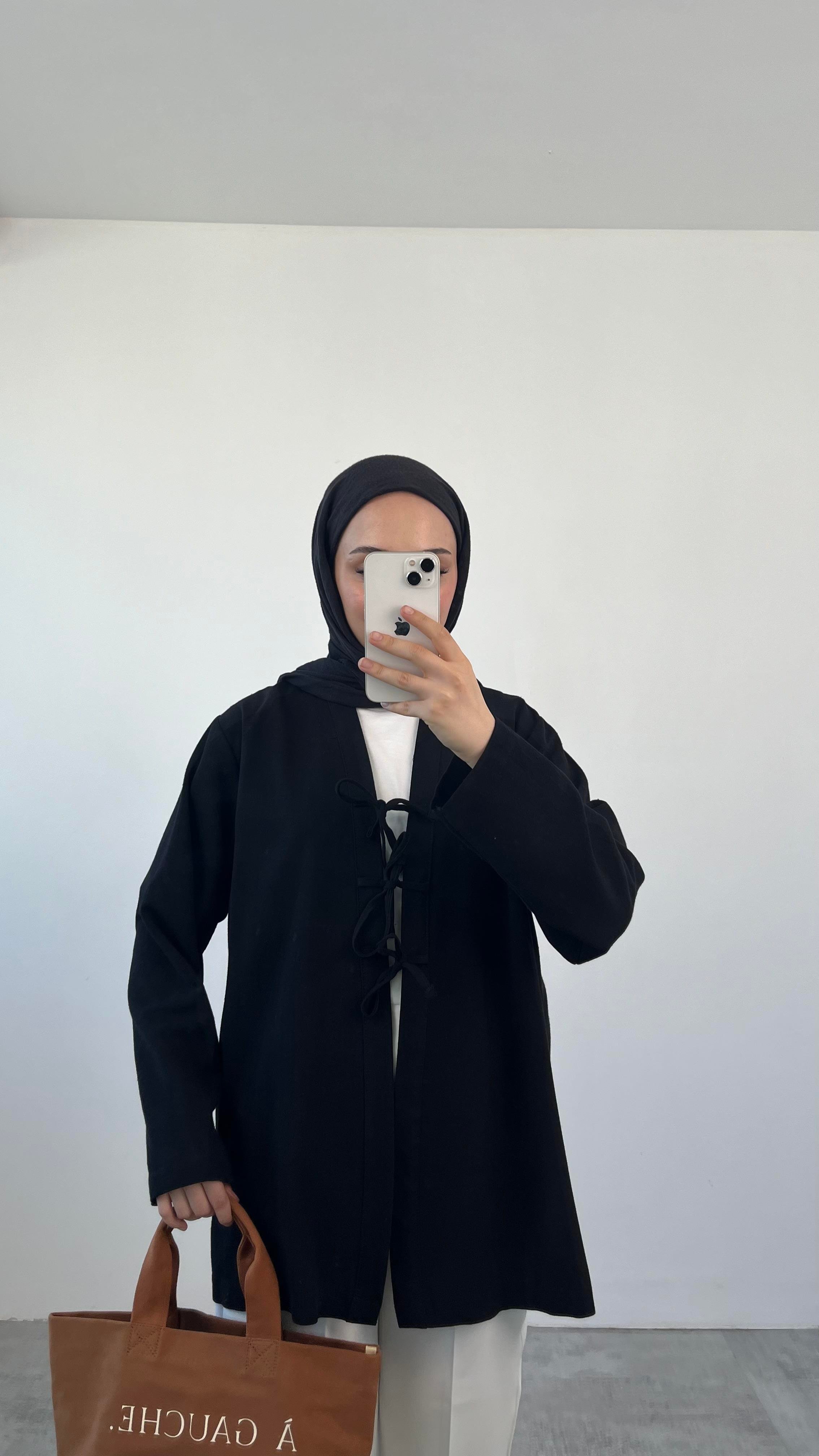 Önden Bağlamlı Keten Kimono Siyah