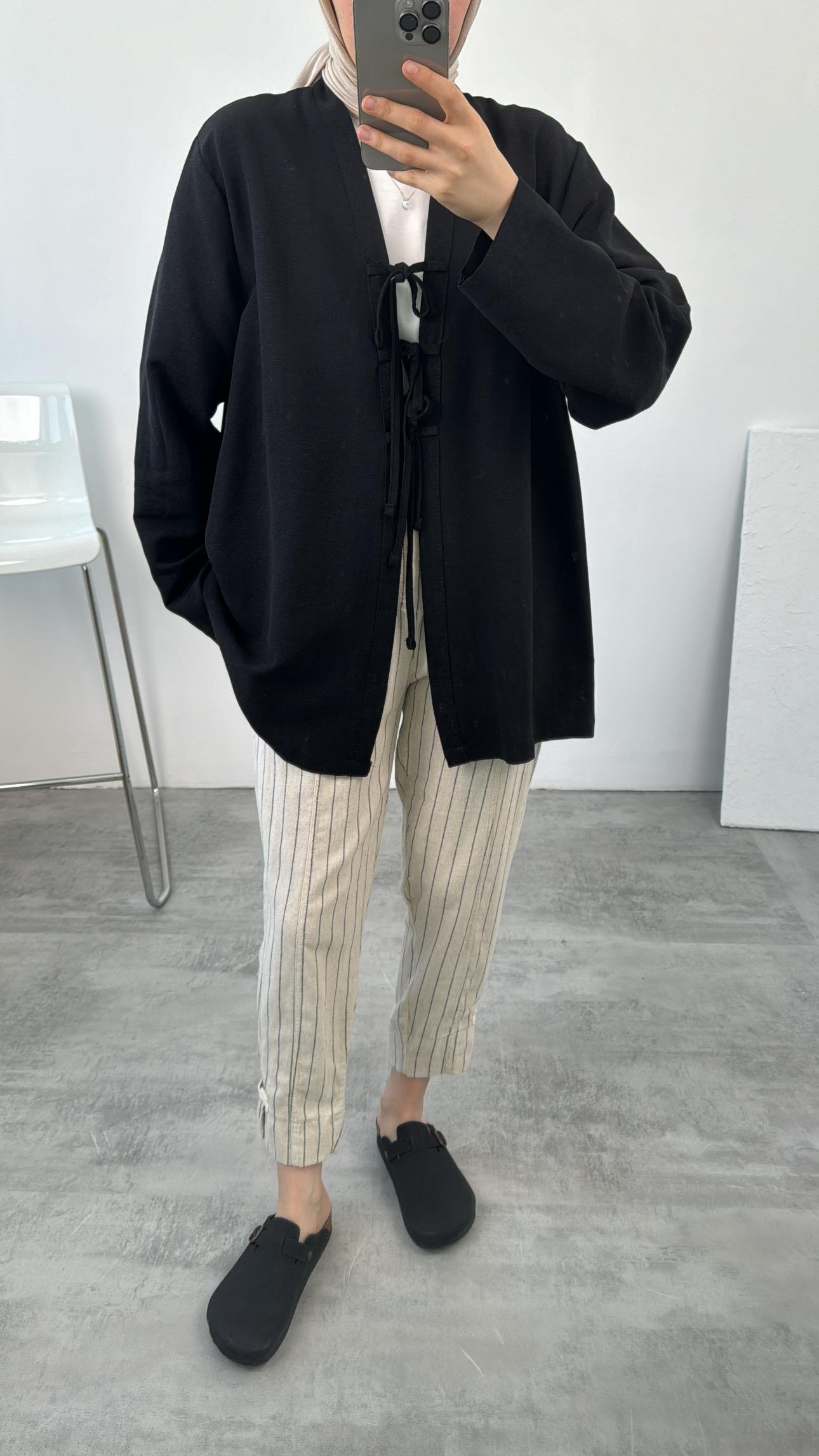 Önden Bağlamlı Keten Kimono Siyah
