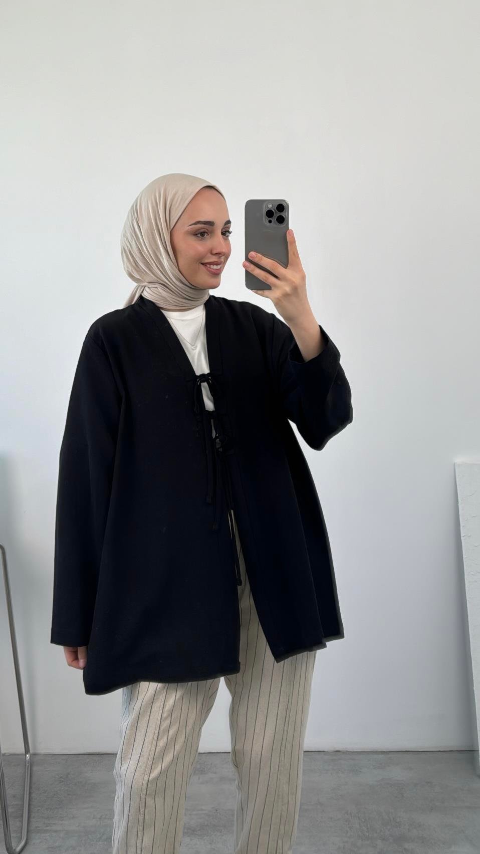 Önden Bağlamlı Keten Kimono Siyah