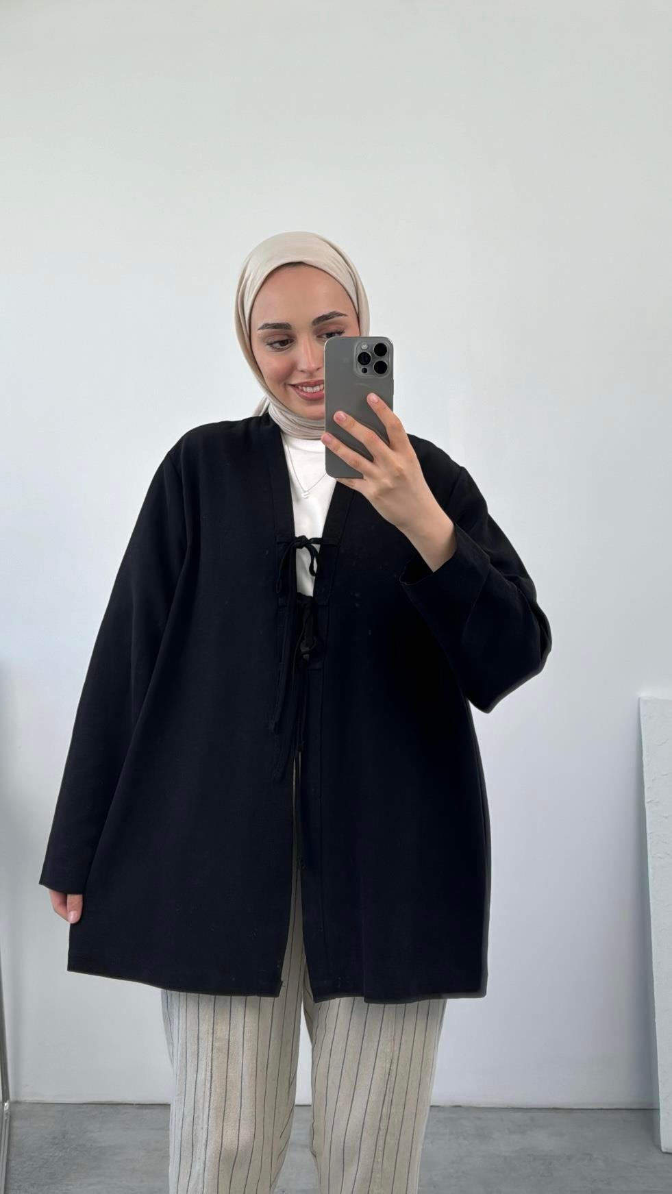 Önden Bağlamlı Keten Kimono Siyah