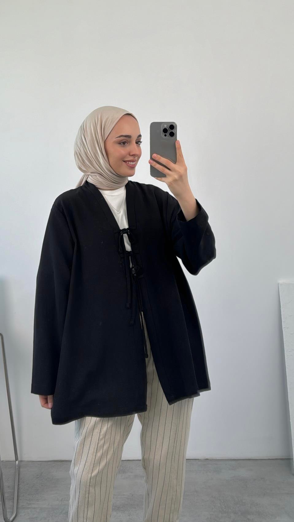 Önden Bağlamlı Keten Kimono Siyah