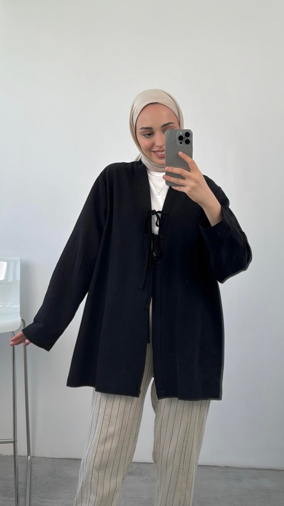 Önden Bağlamlı Keten Kimono Siyah