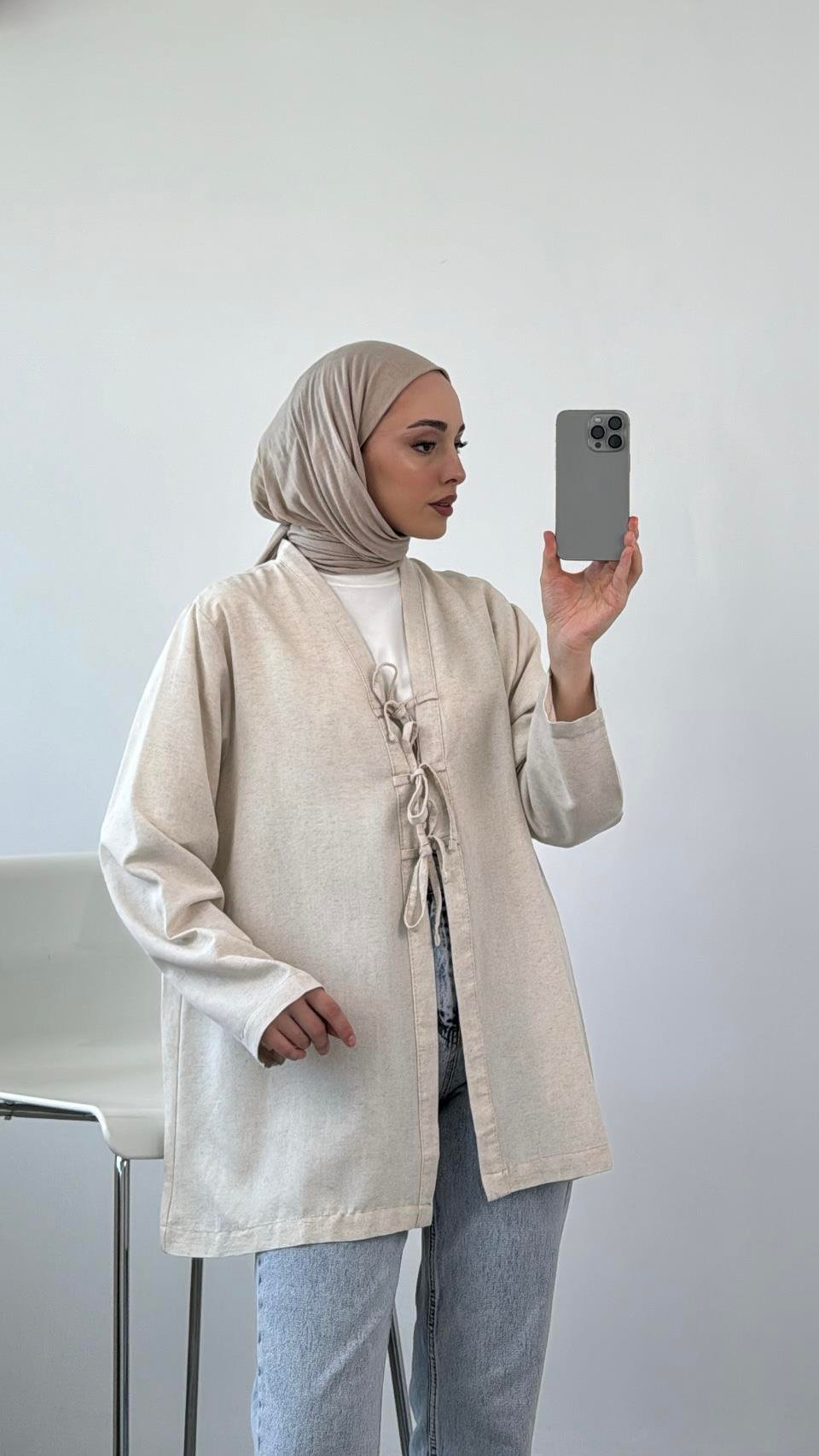 Önden Bağlamlı Keten Kimono Taş