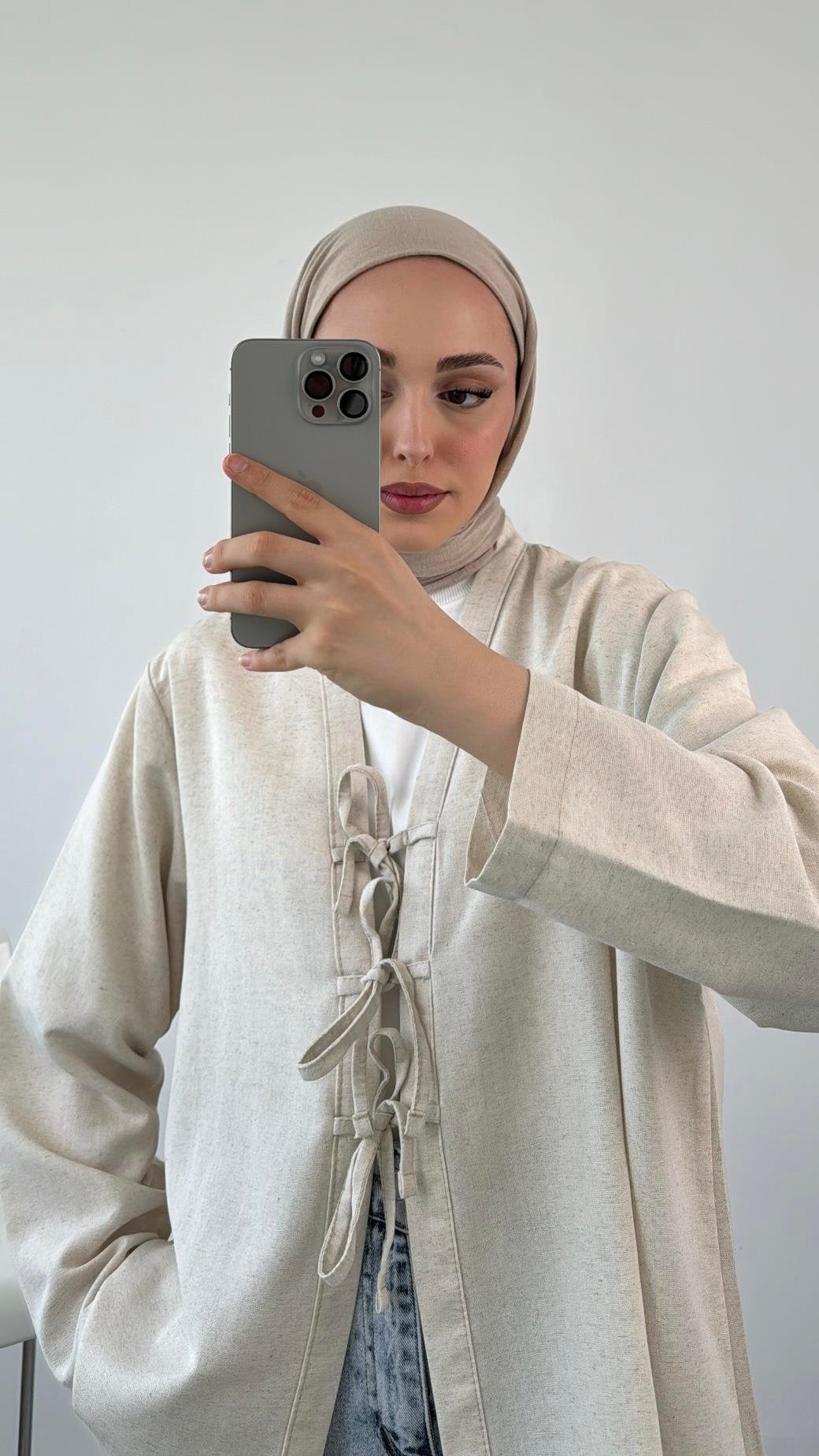 Önden Bağlamlı Keten Kimono Taş