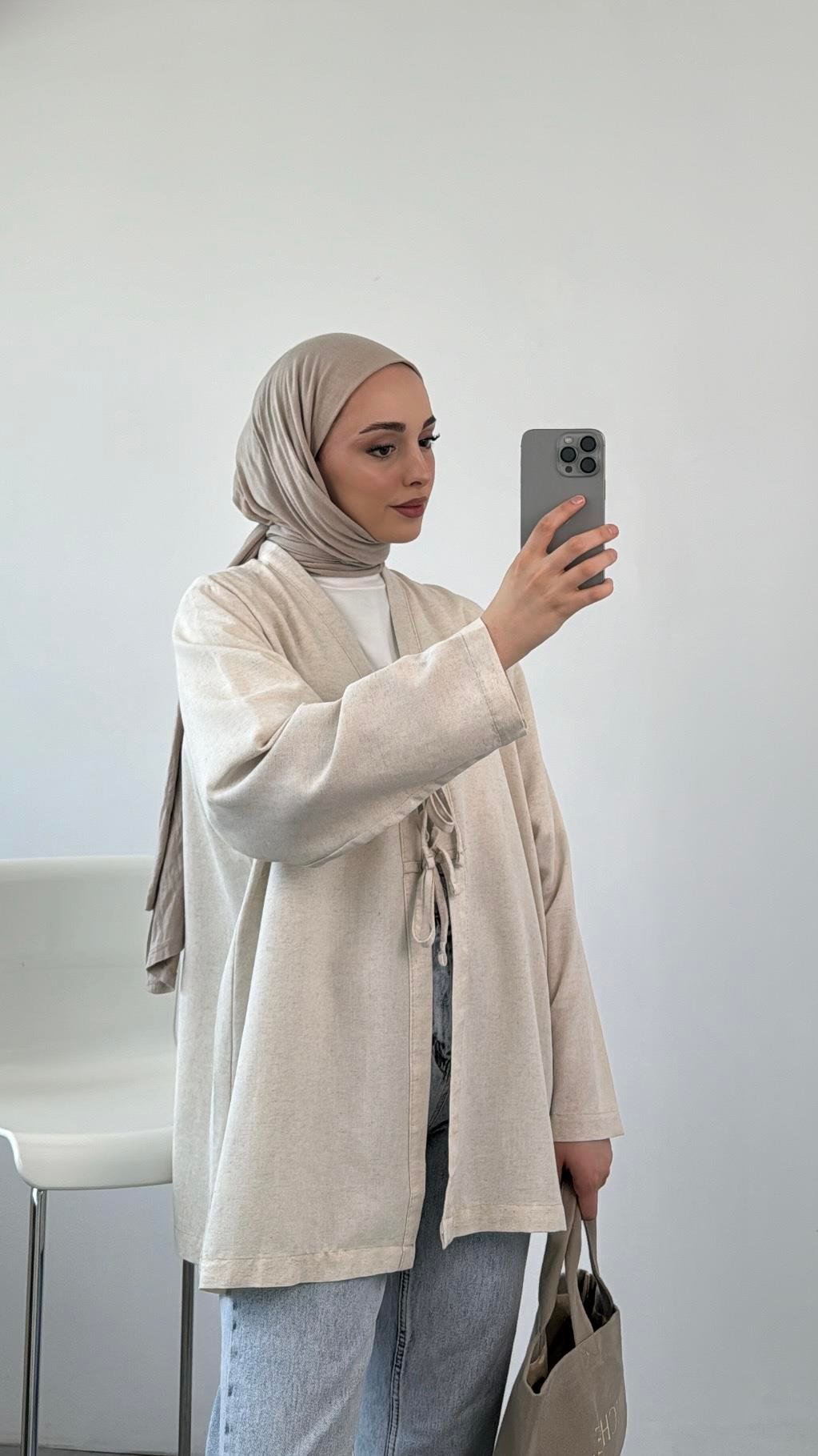 Önden Bağlamlı Keten Kimono Taş