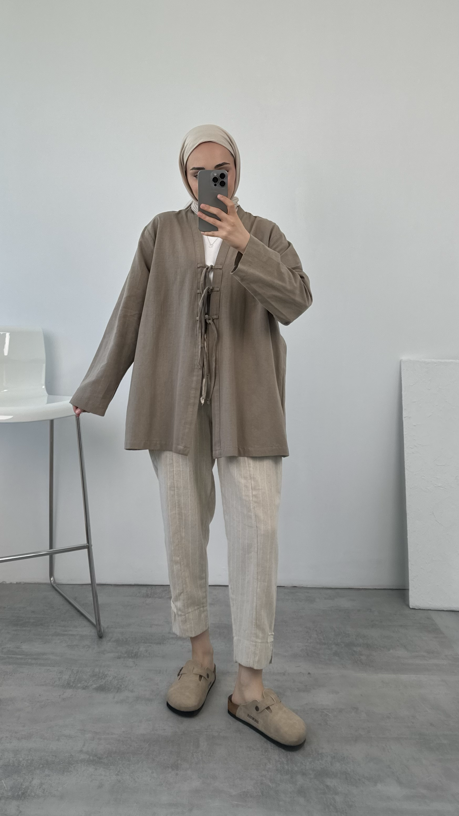 Önden Bağlamlı Keten Kimono Vizon