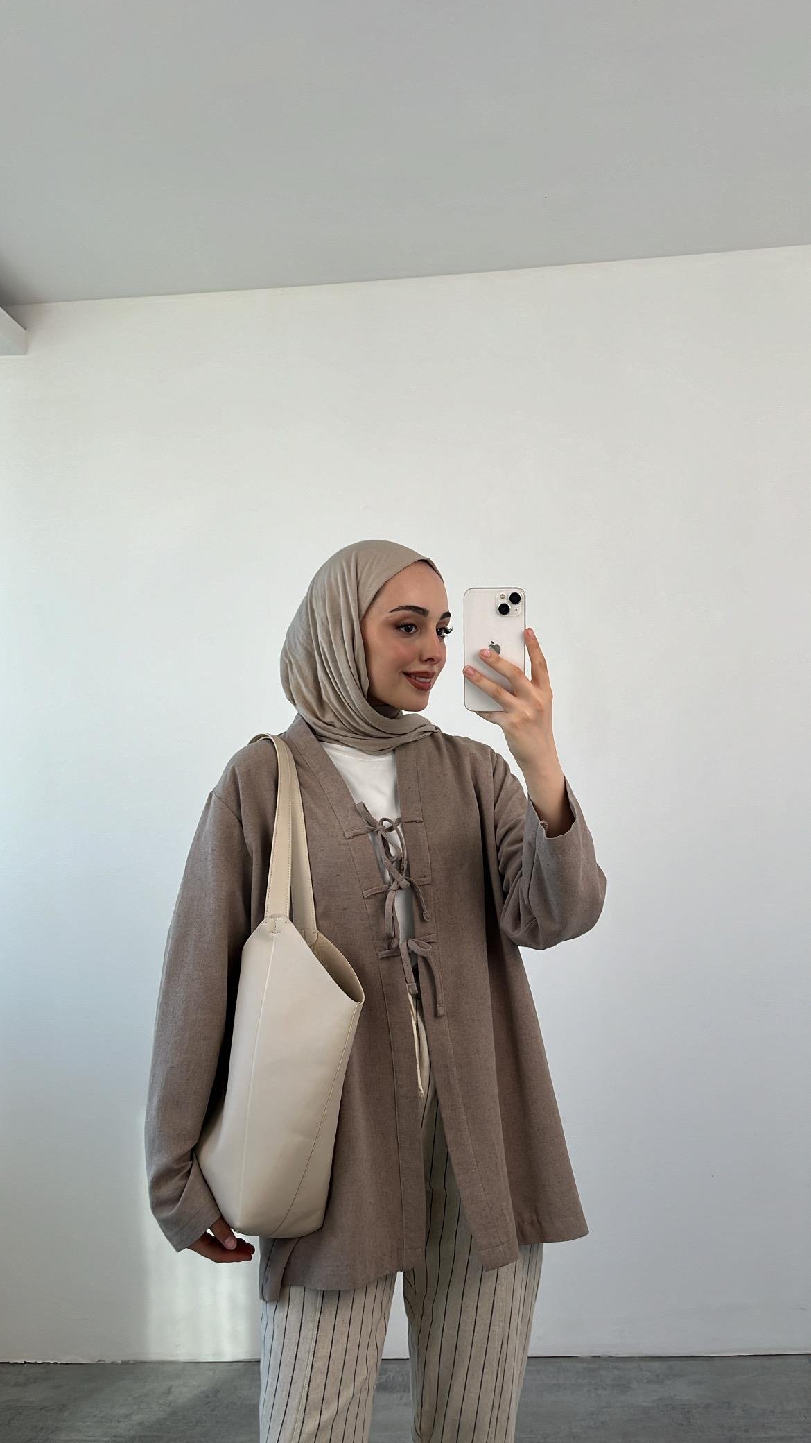 Önden Bağlamlı Keten Kimono Vizon