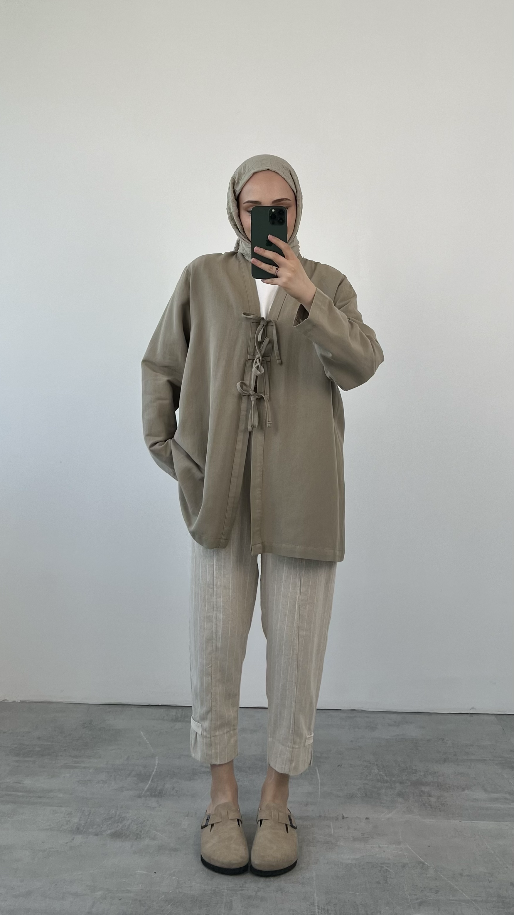 Önden Bağlamlı Keten Kimono Vizon