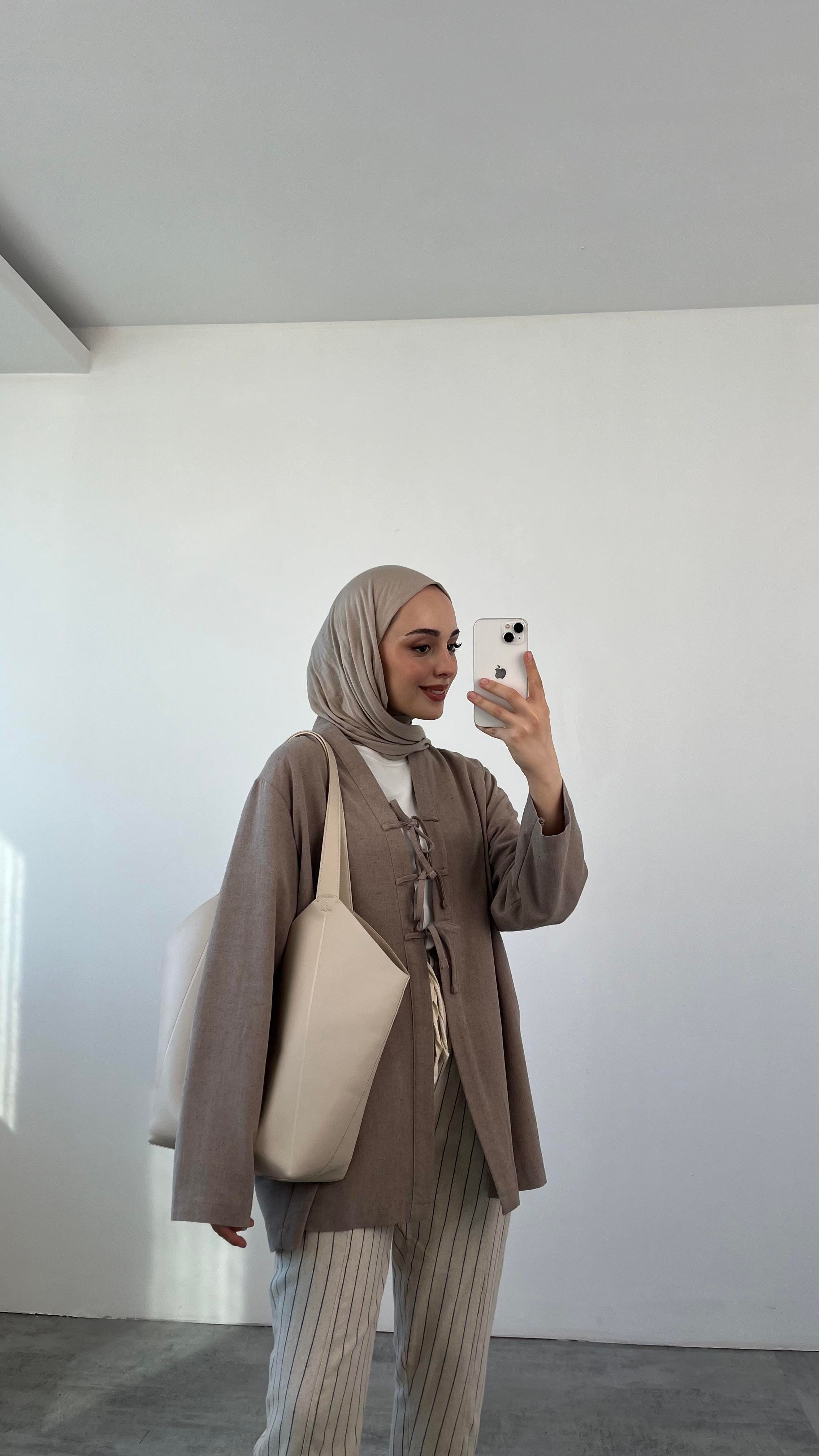 Önden Bağlamlı Keten Kimono Vizon