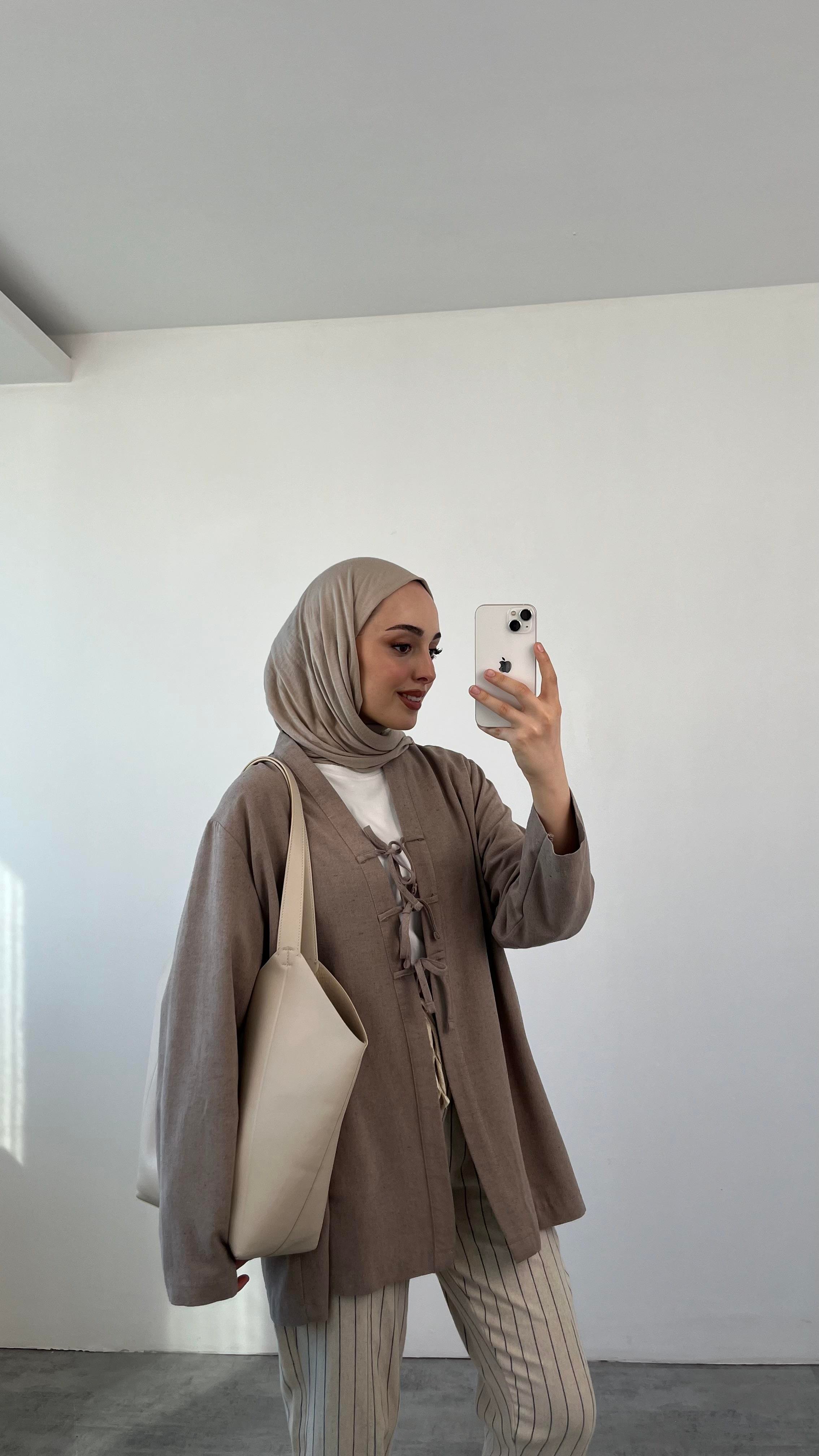 Önden Bağlamlı Keten Kimono Vizon