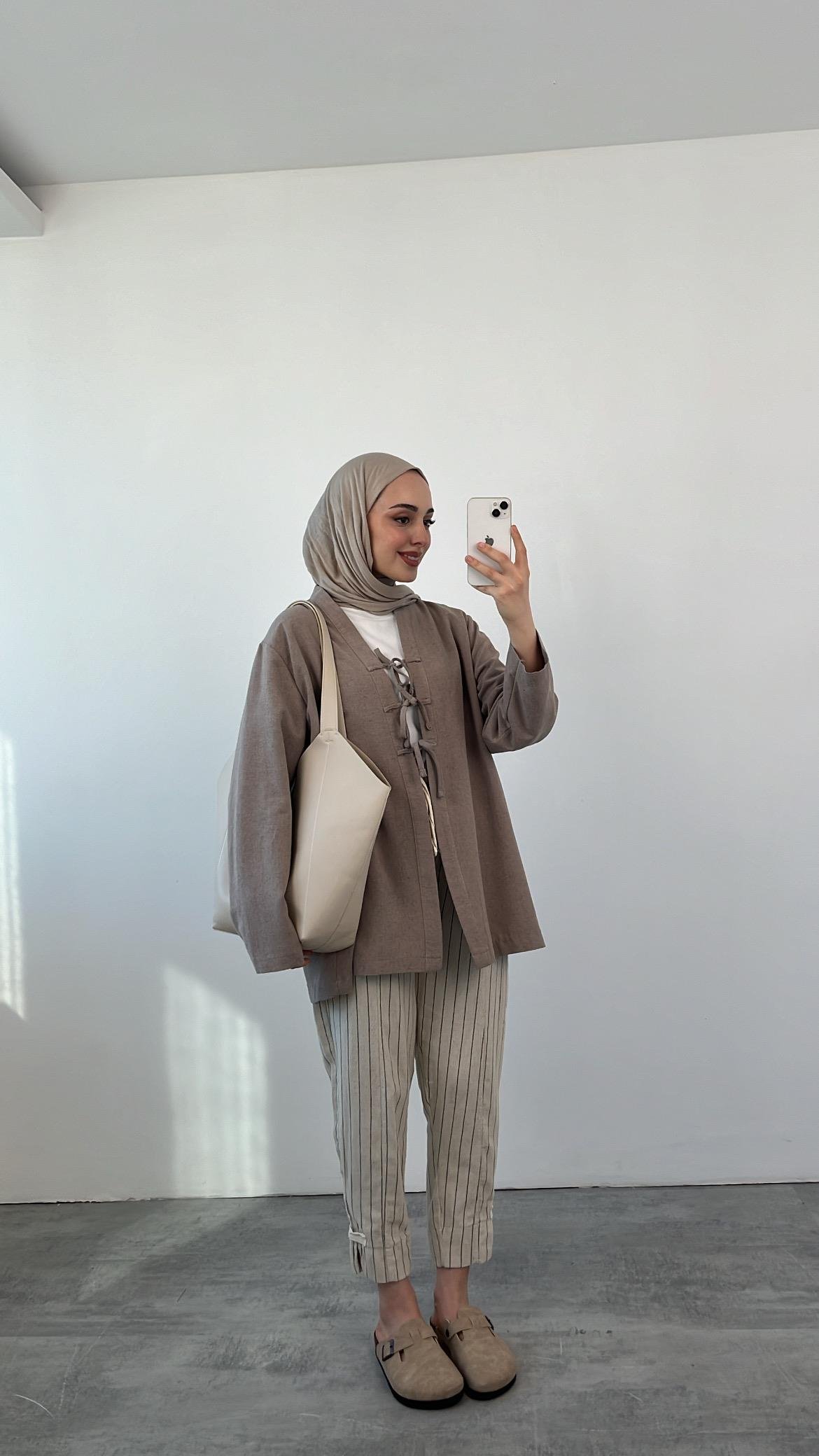 Önden Bağlamlı Keten Kimono Vizon