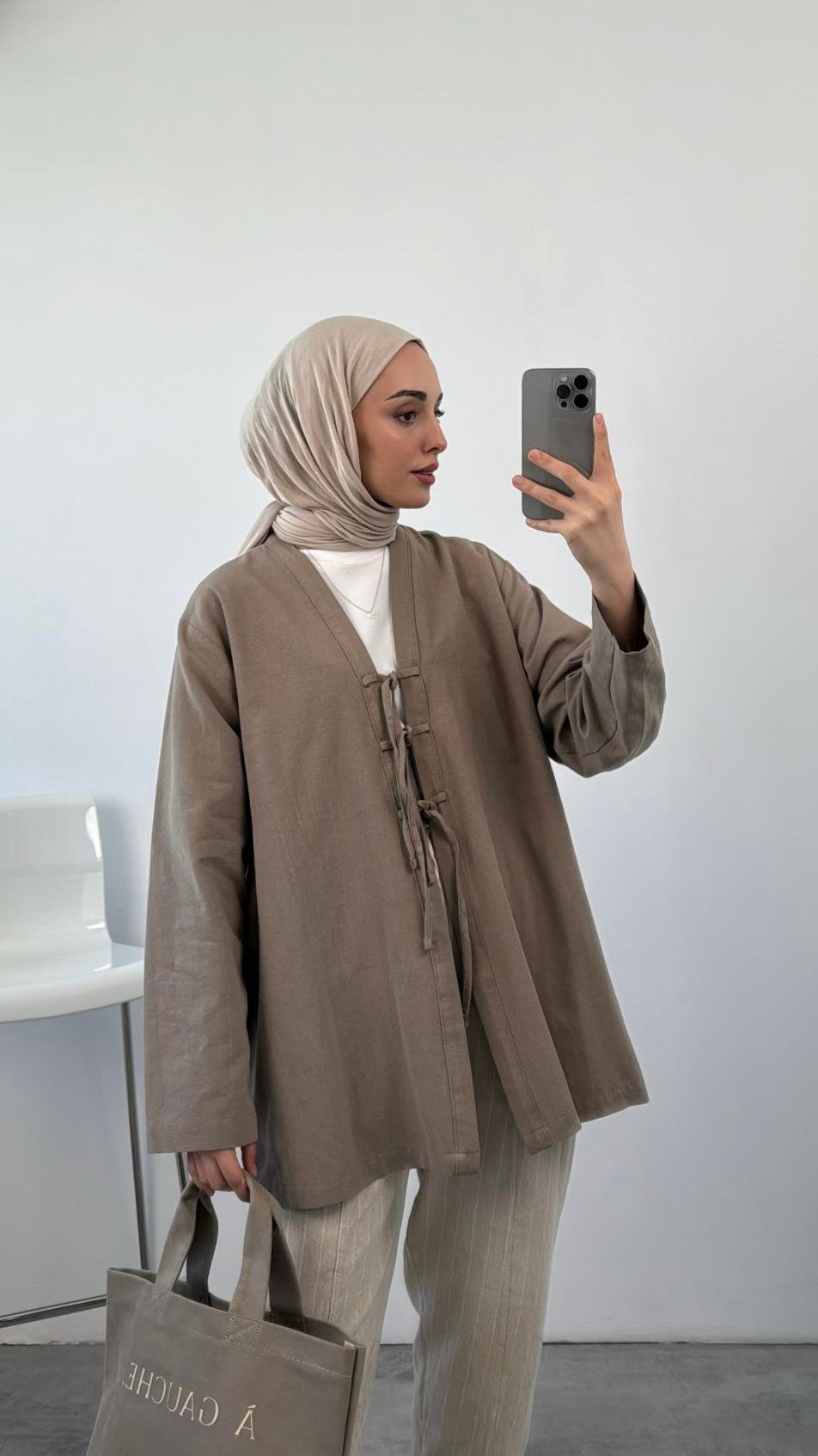 Önden Bağlamlı Keten Kimono Vizon