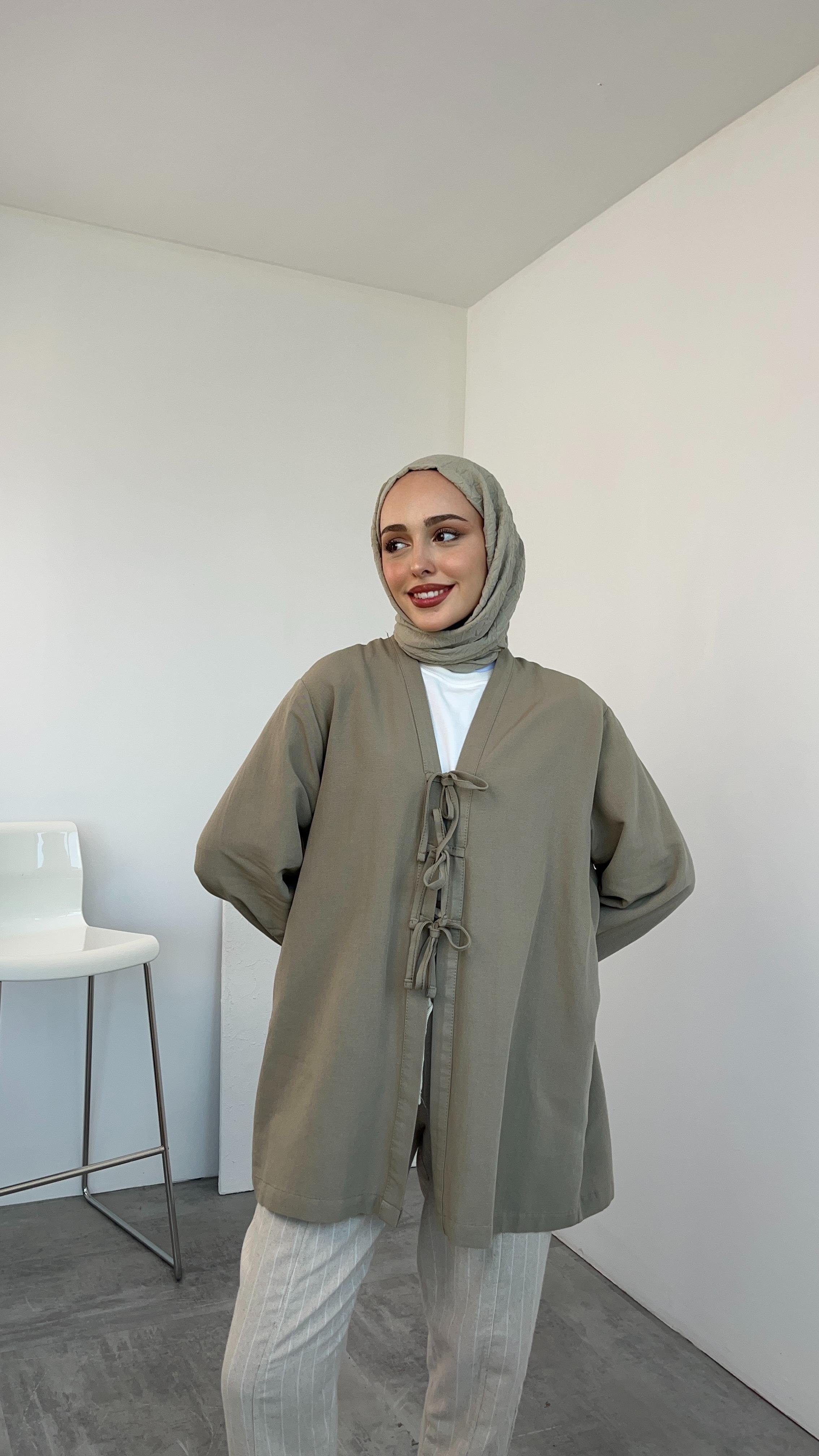 Önden Bağlamlı Keten Kimono Vizon