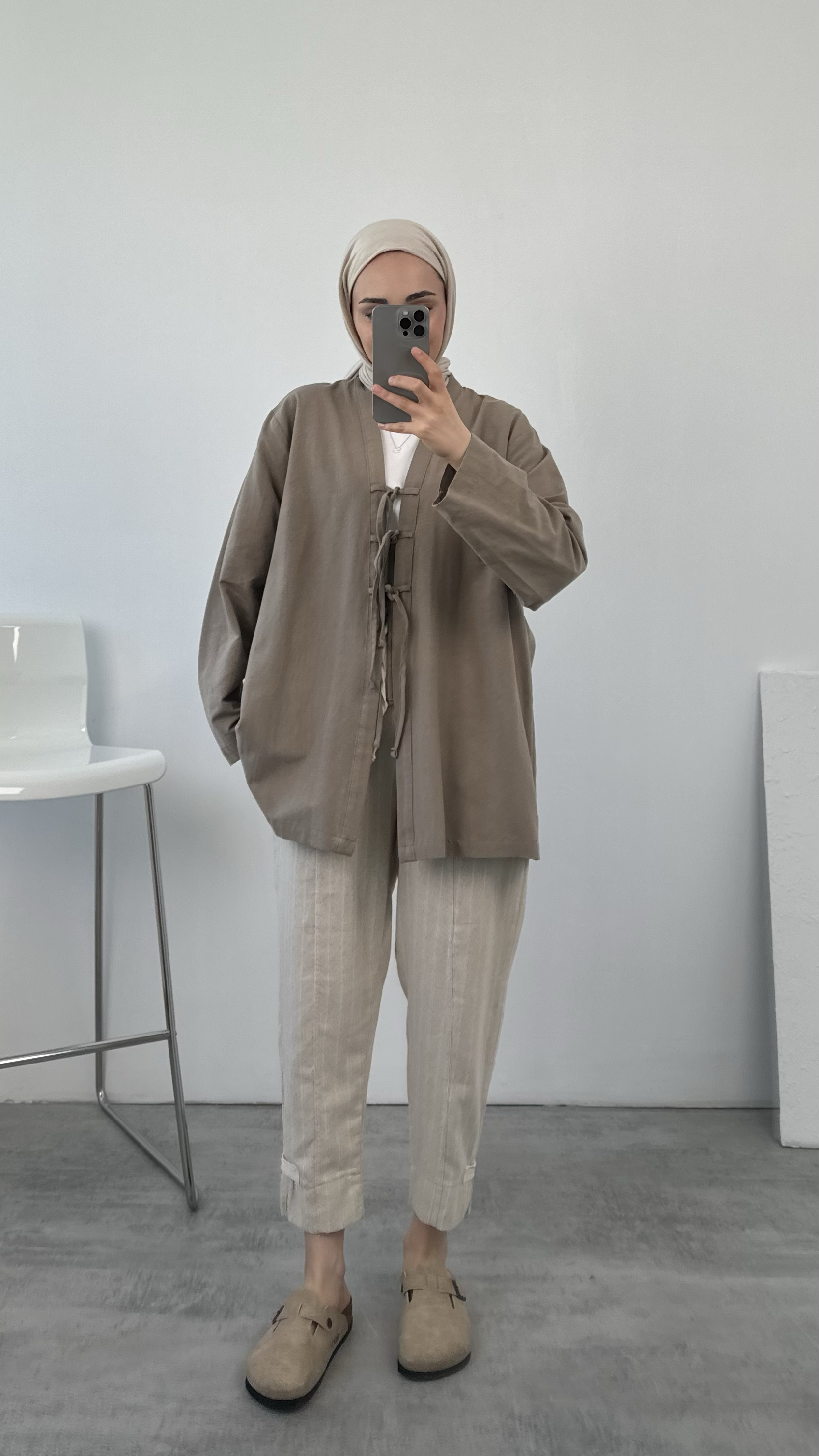 Önden Bağlamlı Keten Kimono Vizon