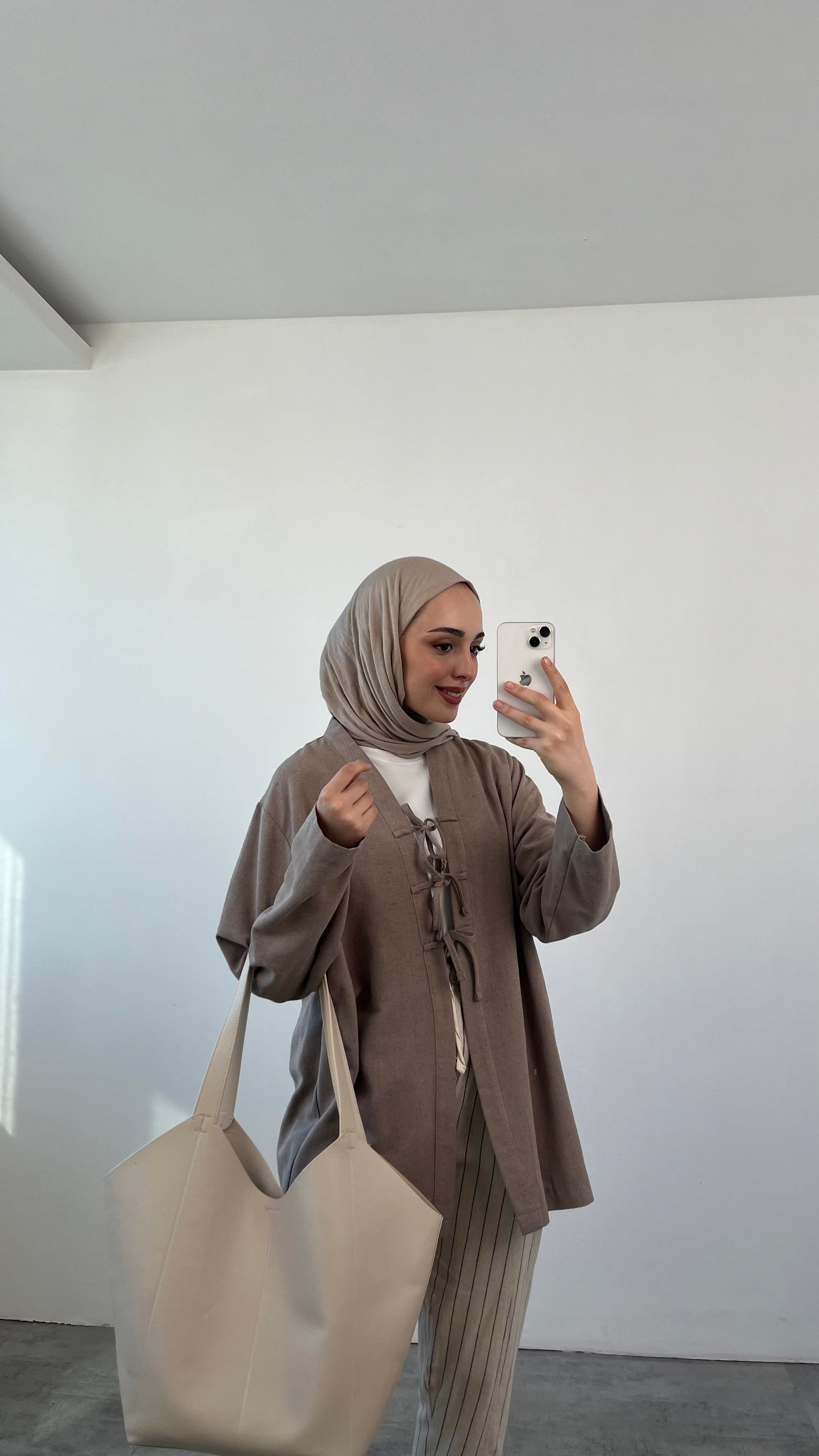 Önden Bağlamlı Keten Kimono Vizon