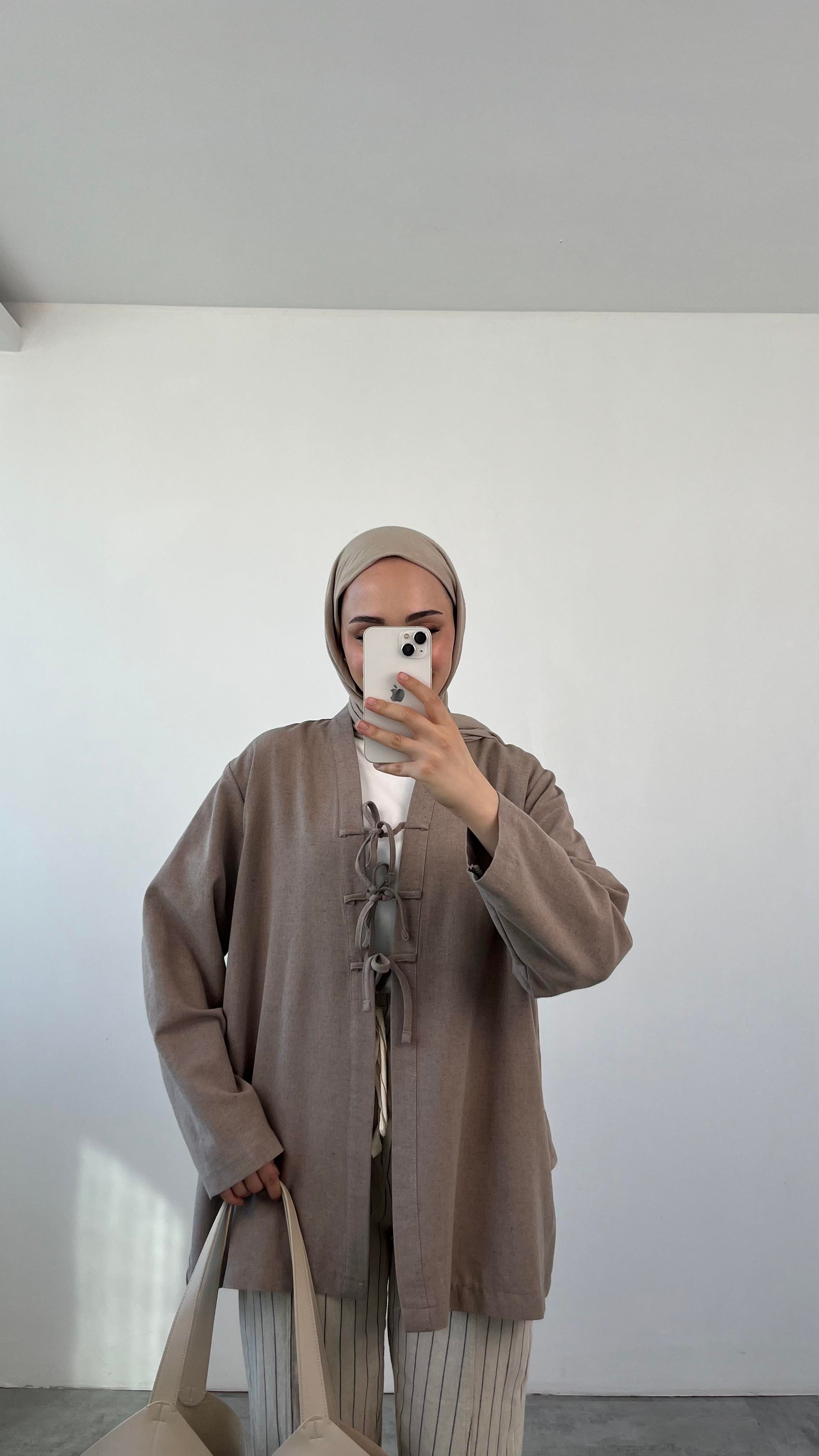 Önden Bağlamlı Keten Kimono Vizon