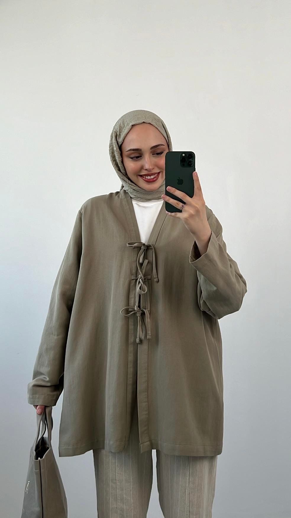 Önden Bağlamlı Keten Kimono Vizon