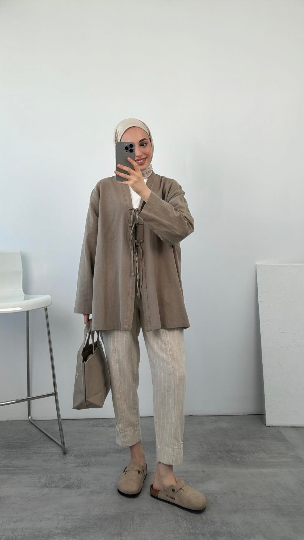 Önden Bağlamlı Keten Kimono Vizon