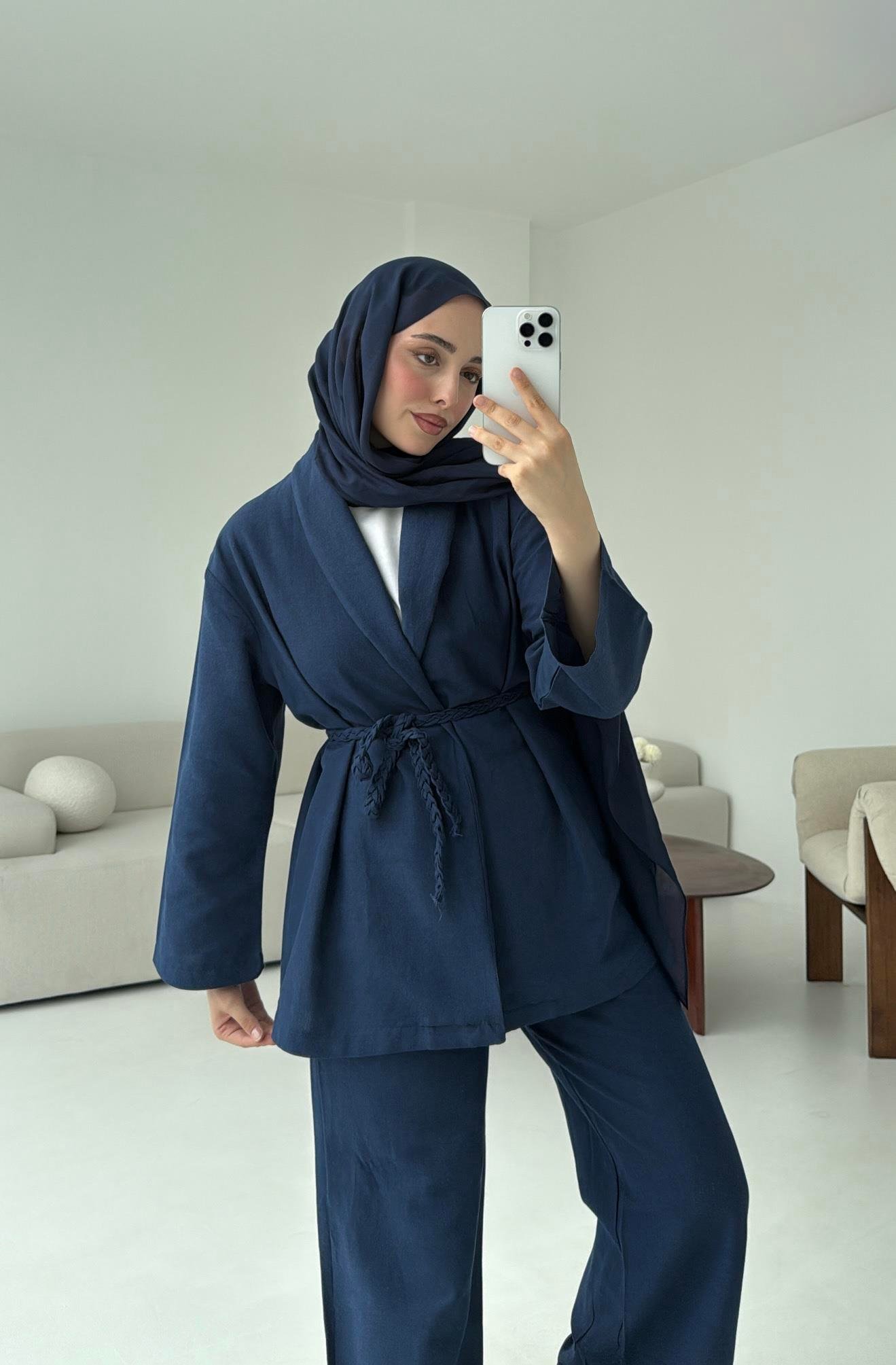 Örgü Kuşaklı Pantolon Takım Lacivert