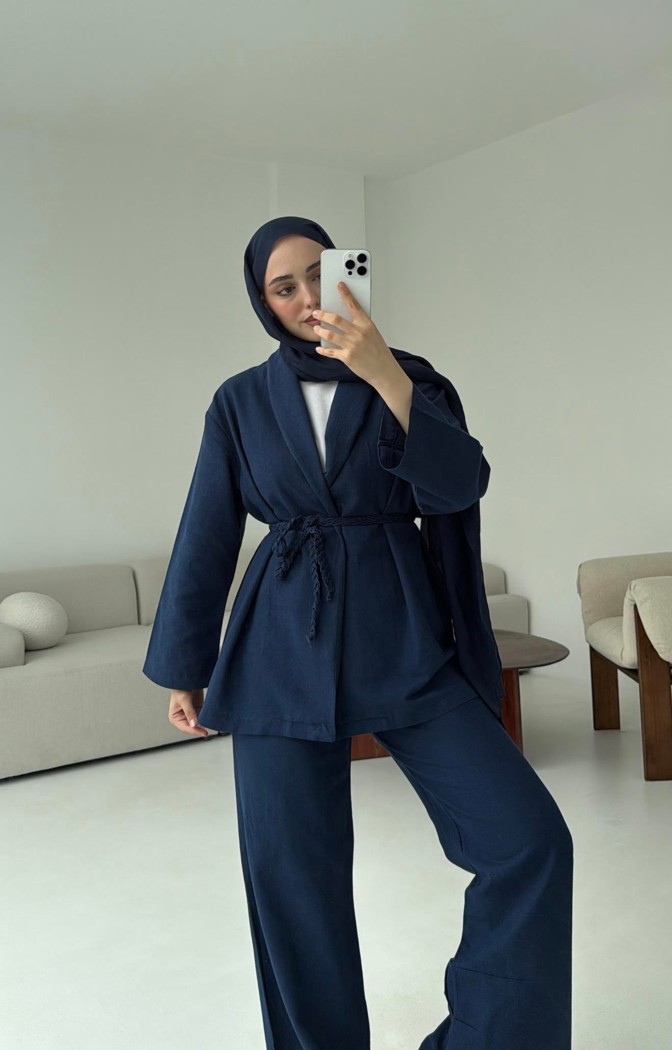 Örgü Kuşaklı Pantolon Takım Lacivert