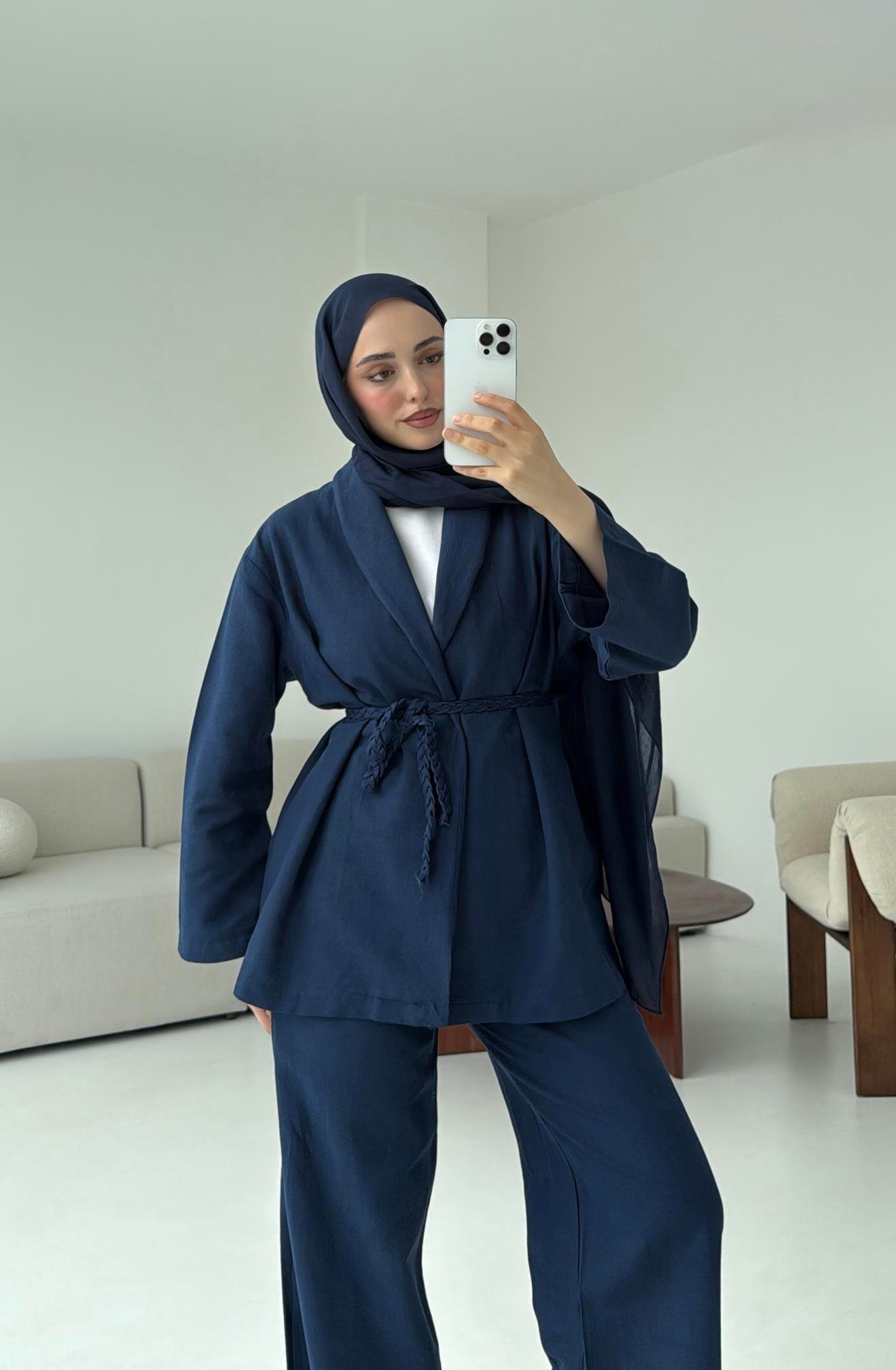Örgü Kuşaklı Pantolon Takım Lacivert