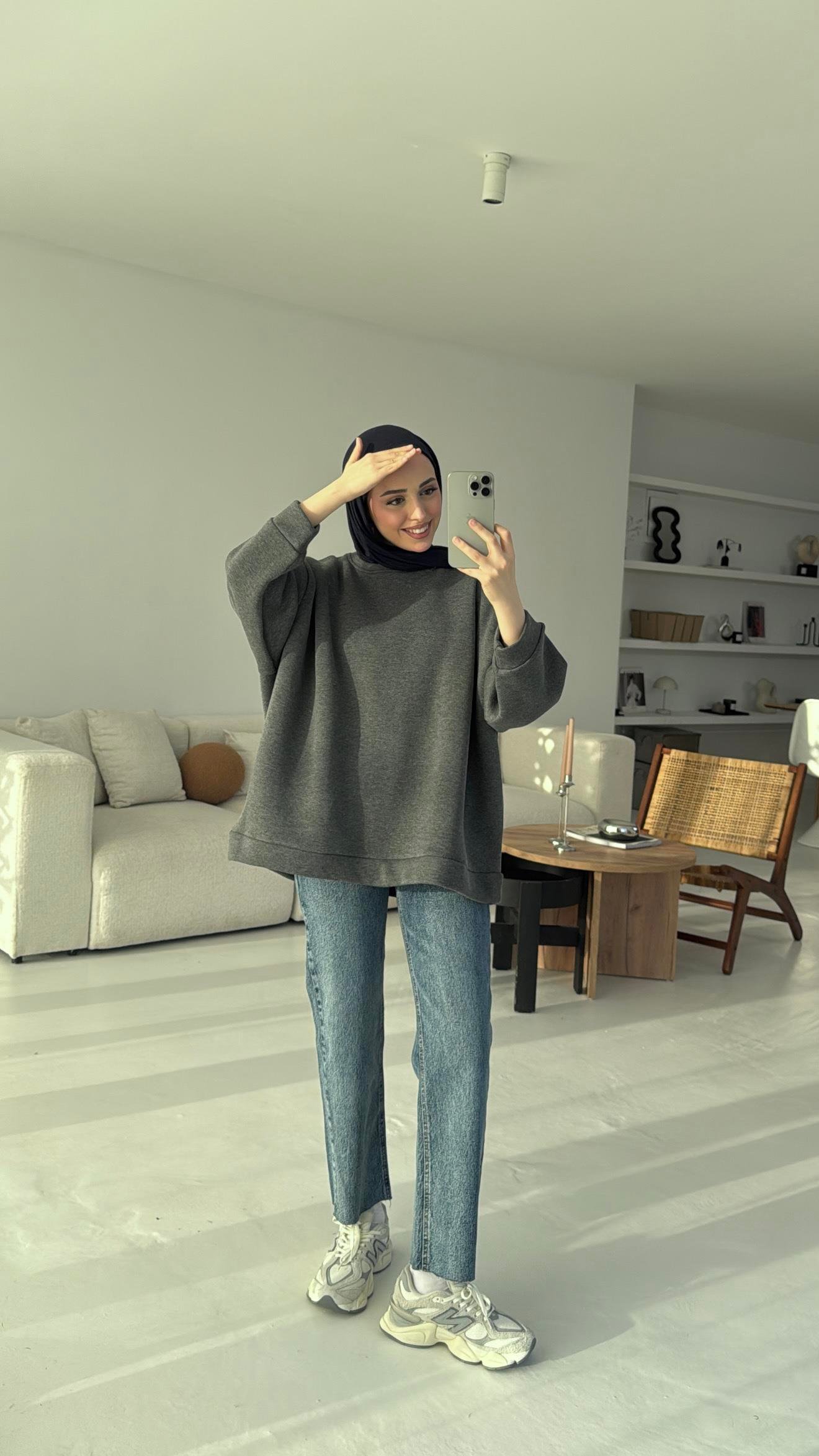 Oversize Düz Sweatshirt Koyu Gri