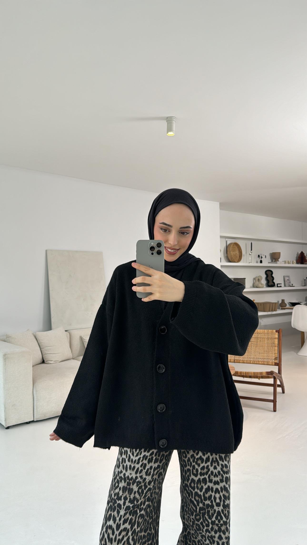 Oversize Yünlü Triko Hırka Siyah