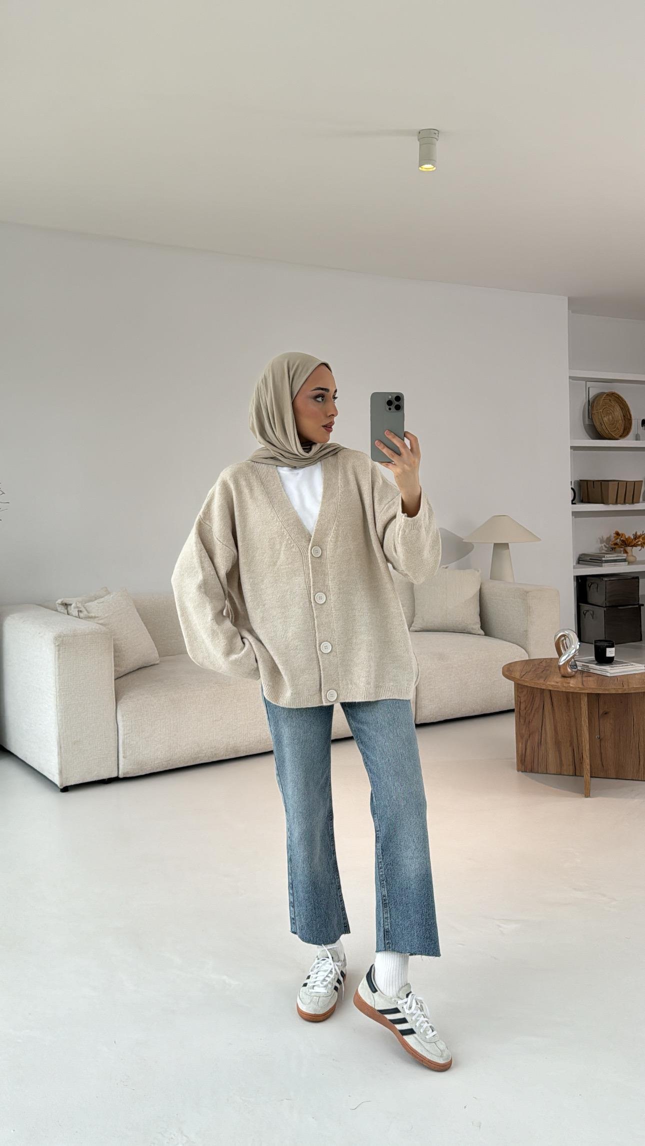 Oversize Yünlü Triko Hırka Taş
