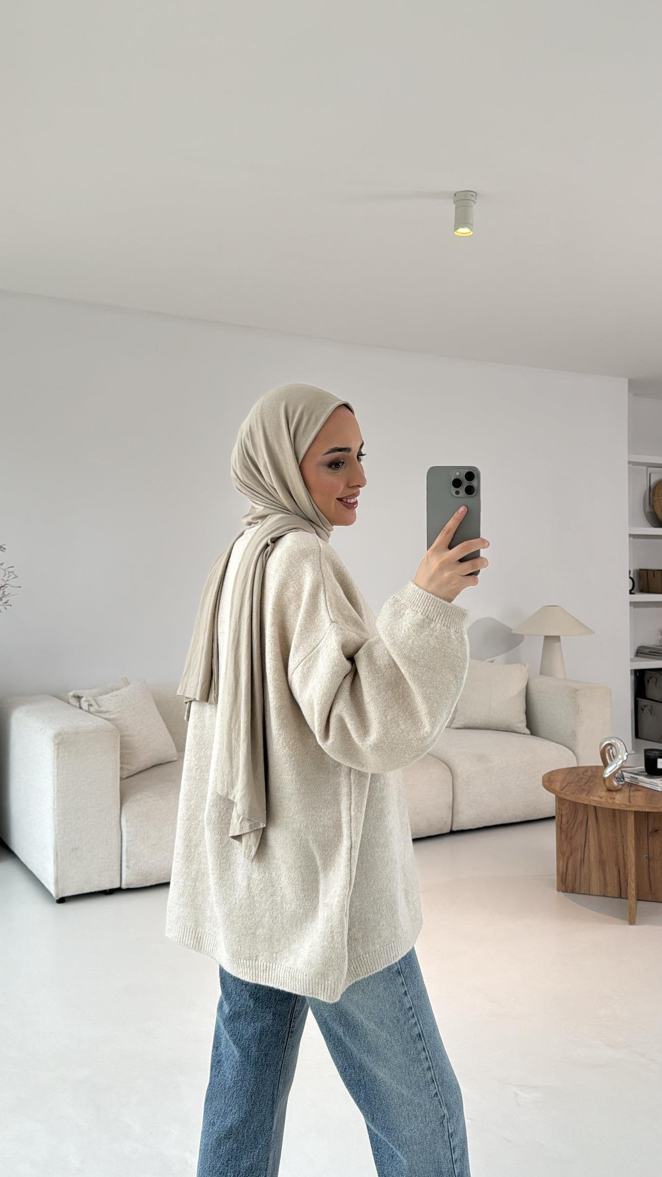 Oversize Yünlü Triko Hırka Taş