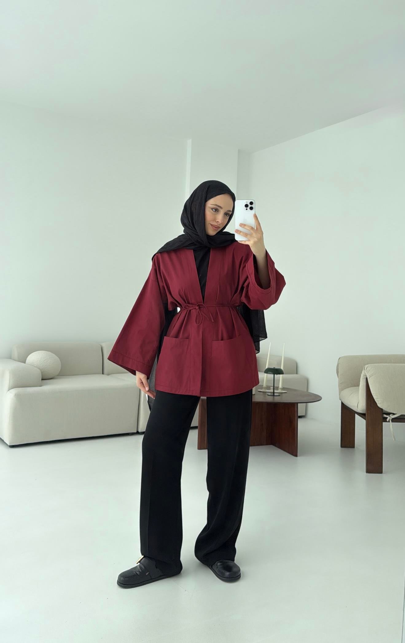 Pamuk Gabardin Kimono Bordo