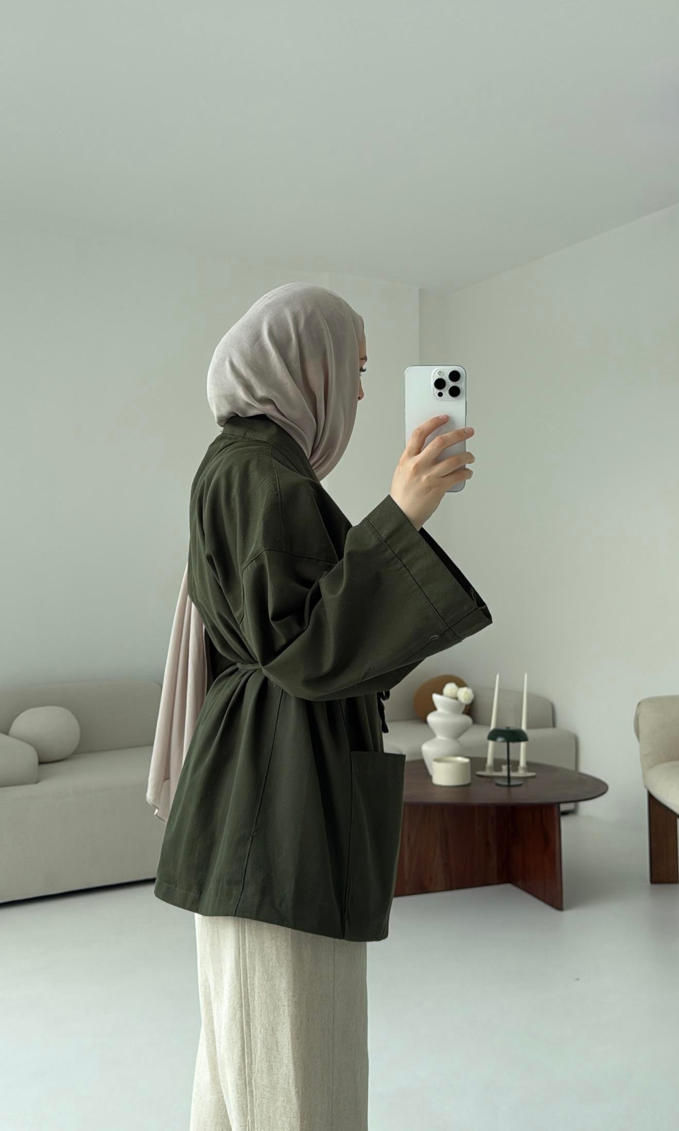 Pamuk Gabardin Kimono Haki