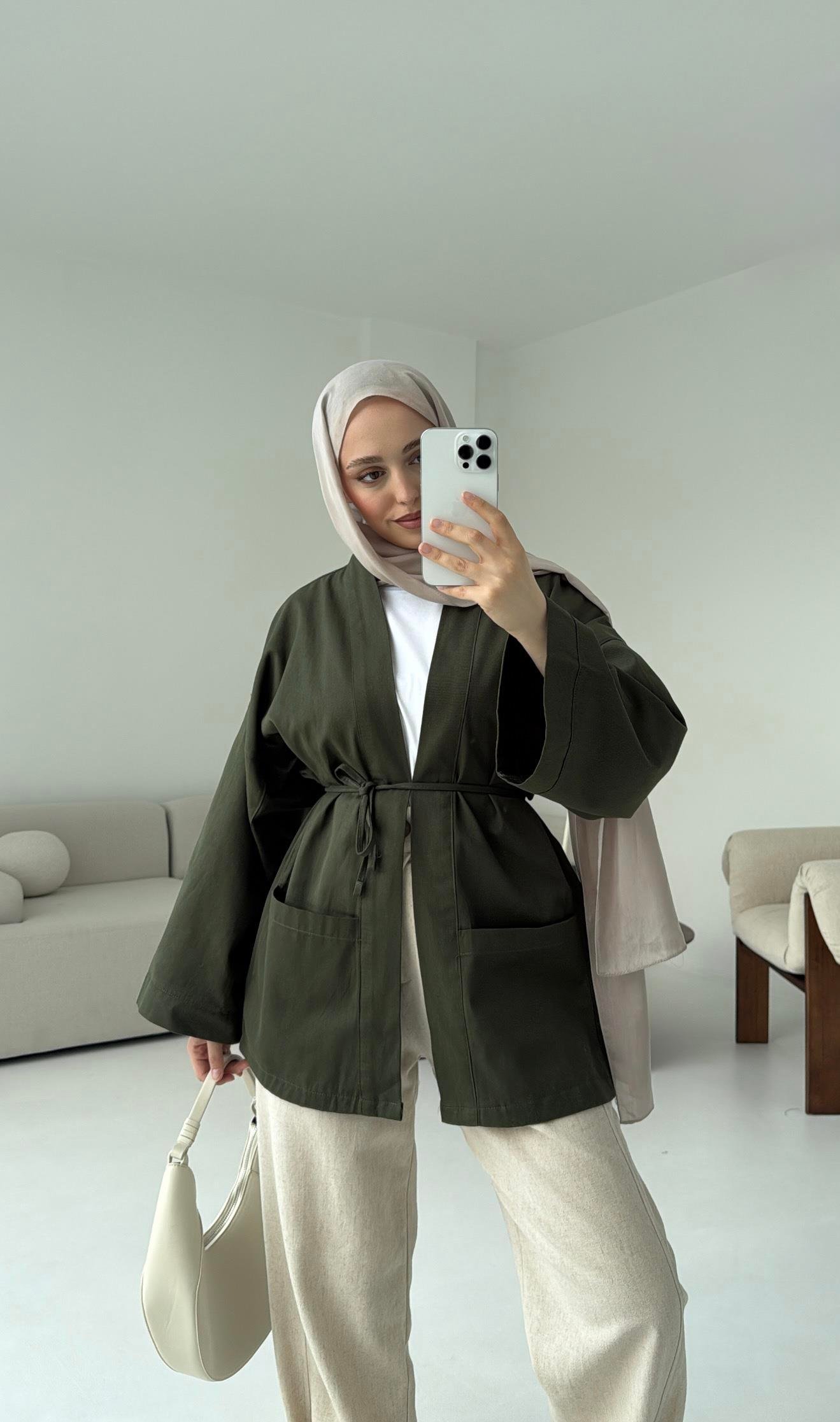 Pamuk Gabardin Kimono Haki