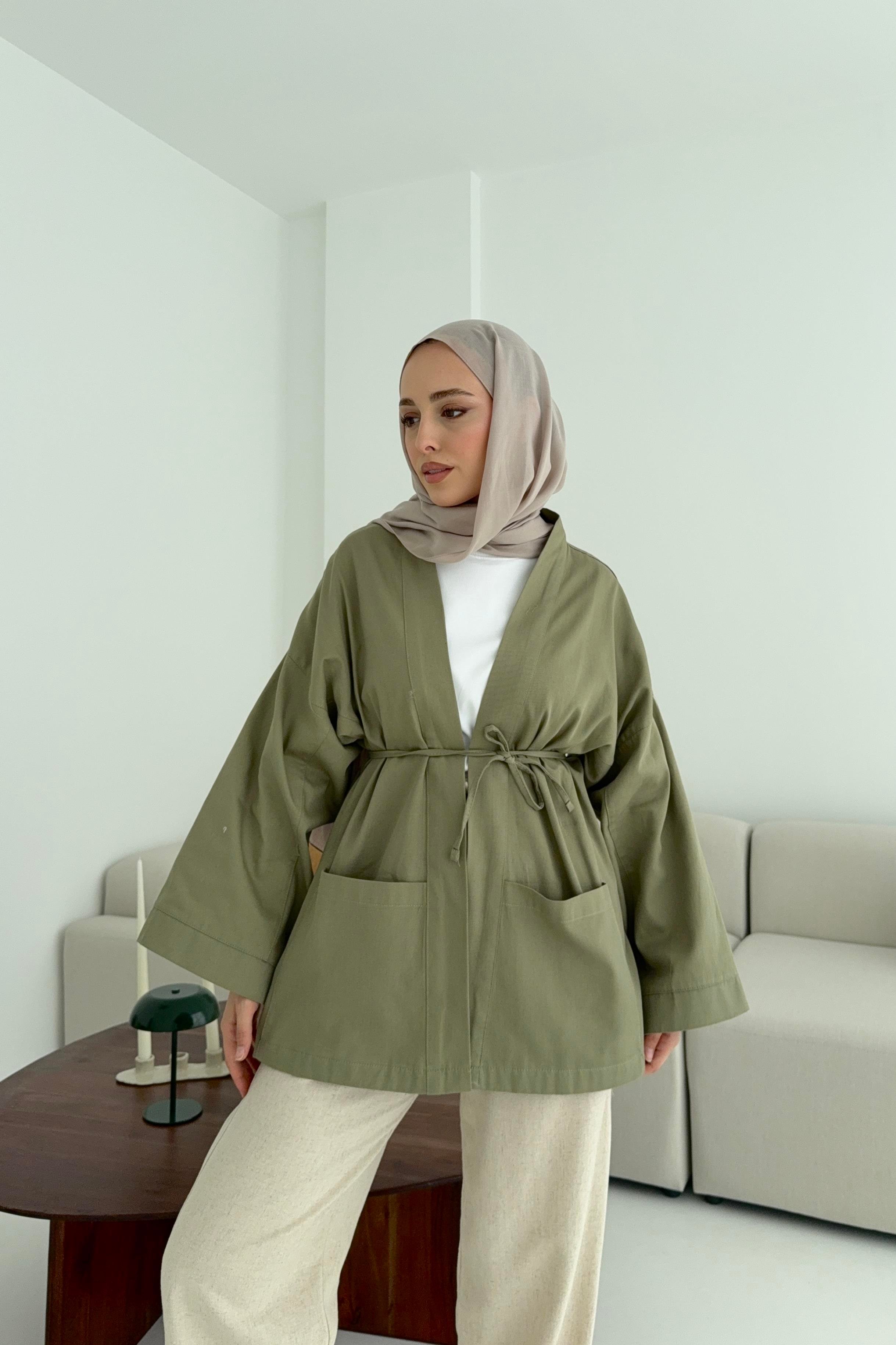 Pamuk Gabardin Kimono Haki