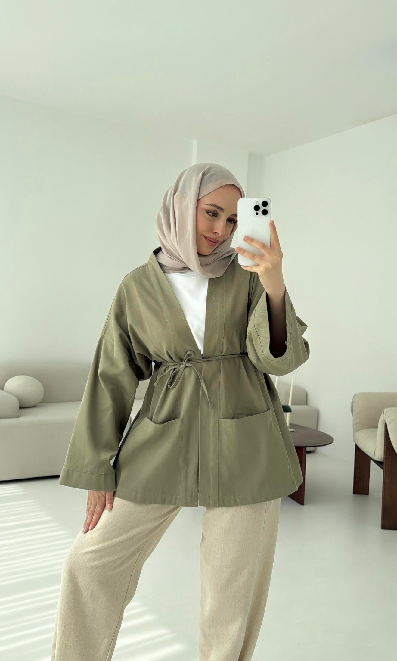 Pamuk Gabardin Kimono Haki