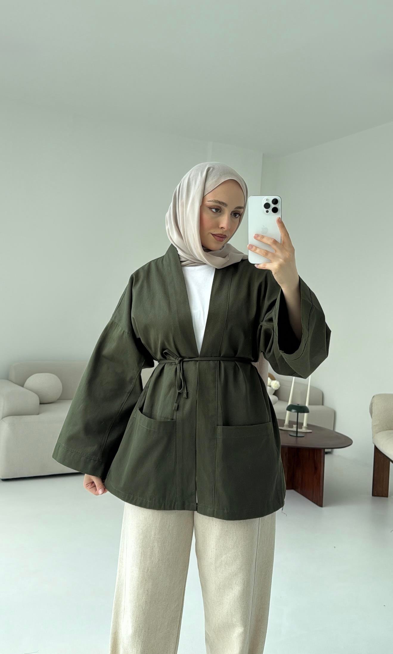 Pamuk Gabardin Kimono Haki
