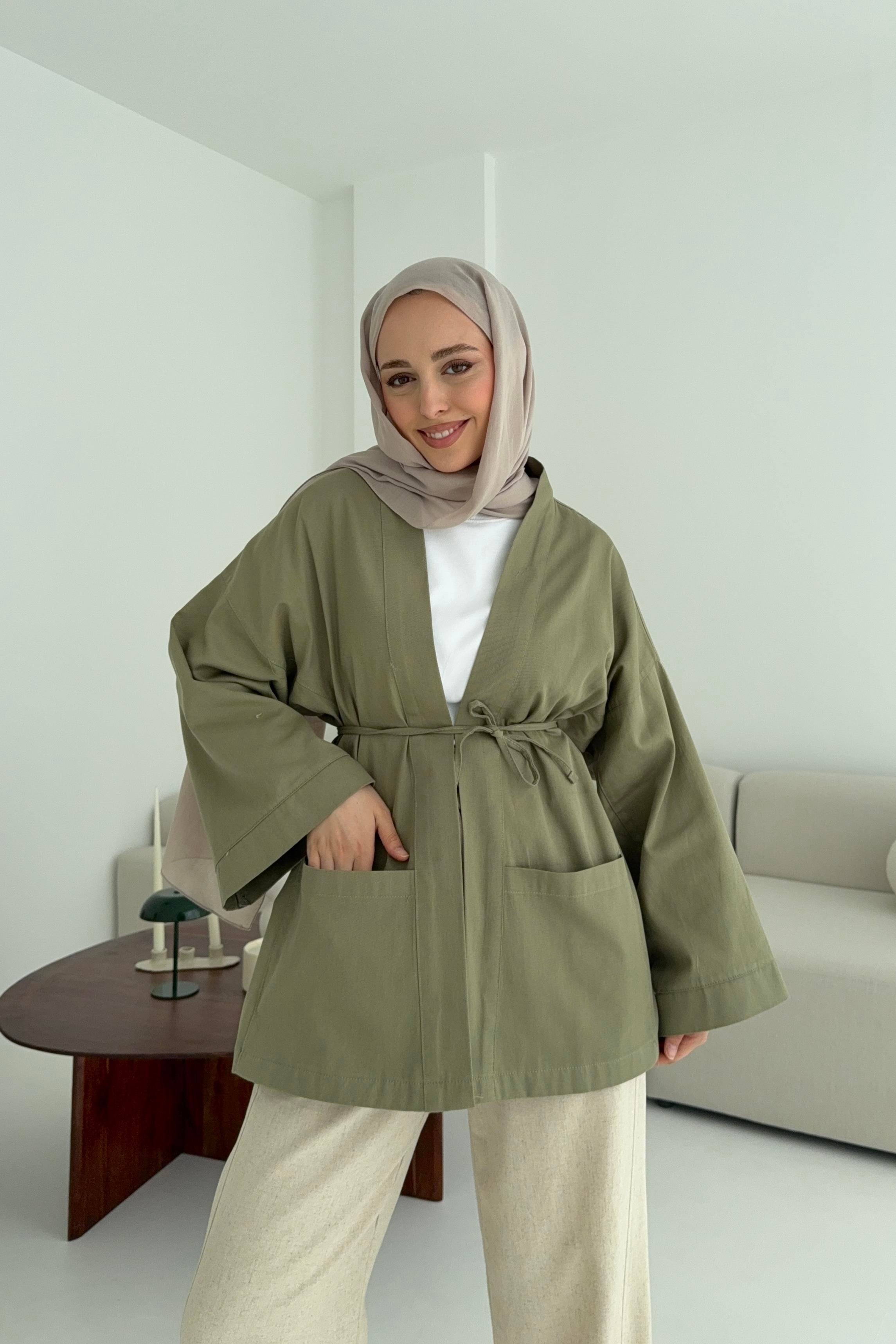 Pamuk Gabardin Kimono Haki