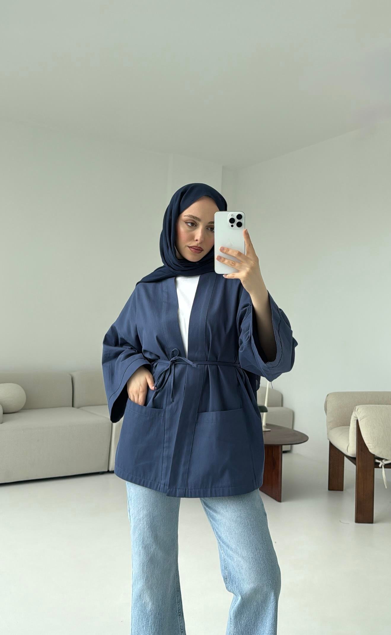 Pamuk Gabardin Kimono Lacivert