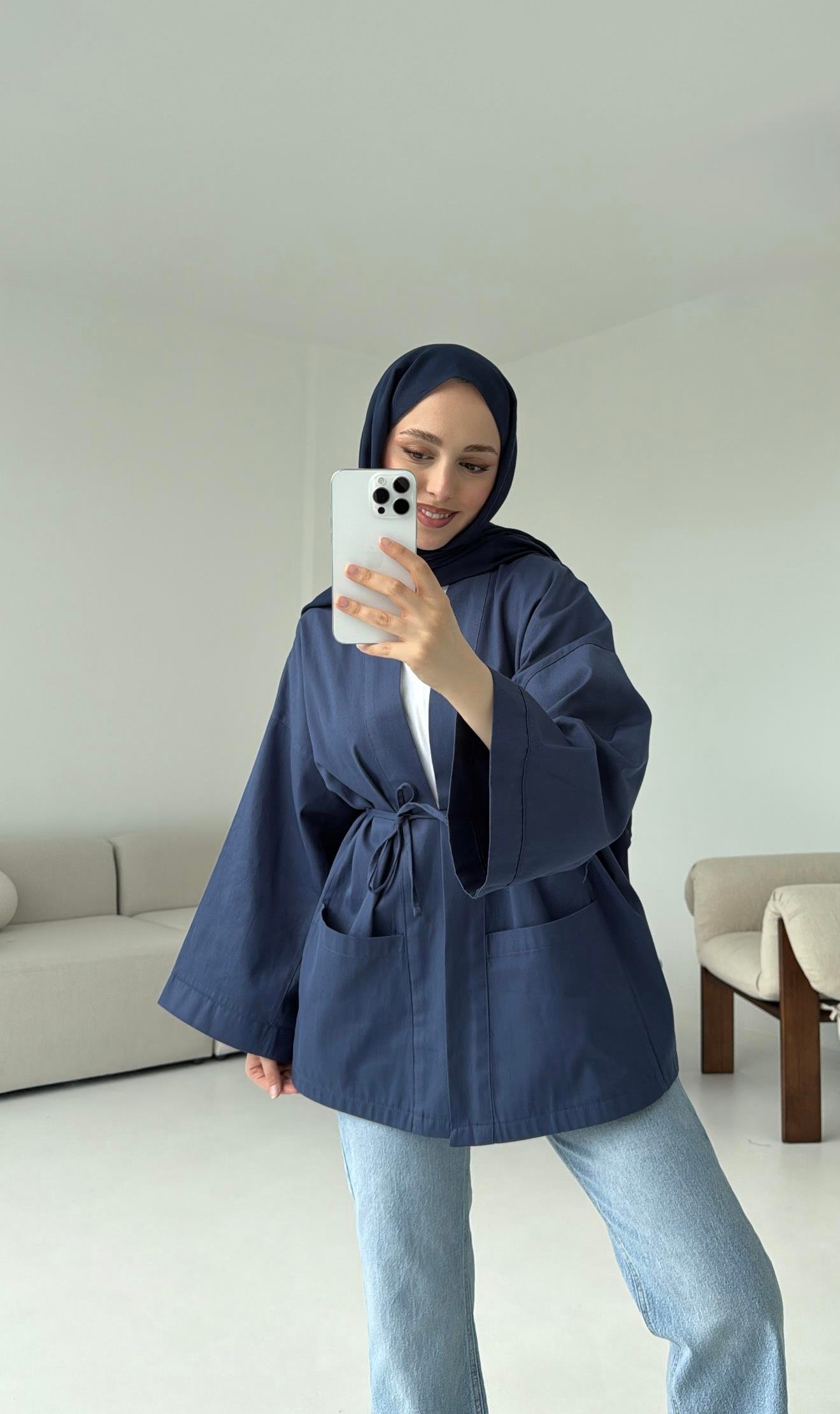 Pamuk Gabardin Kimono Lacivert