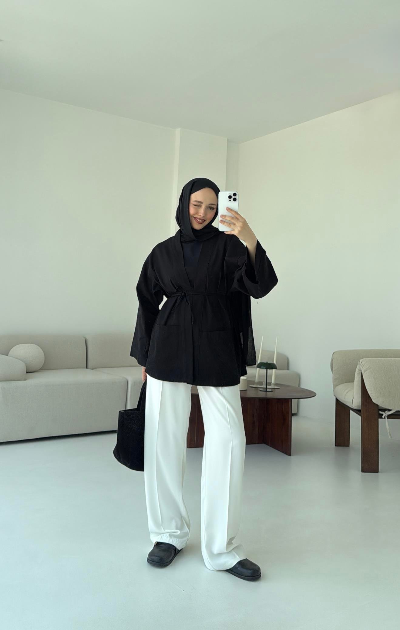 Pamuk Gabardin Kimono Siyah