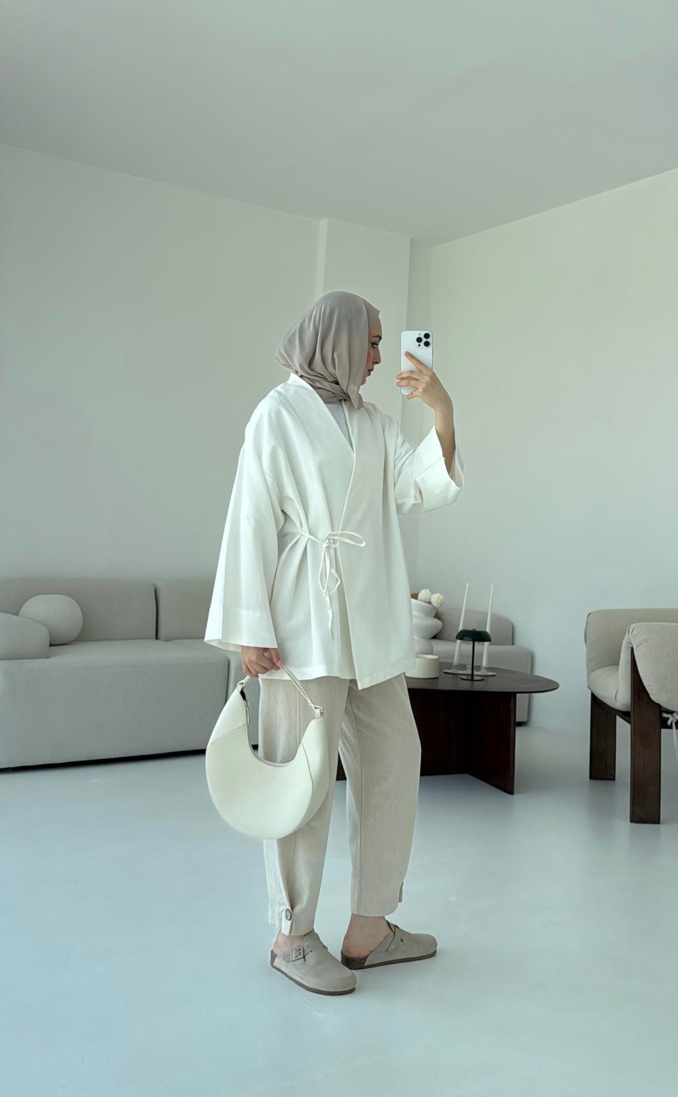 Pamuk Keten Yandan Bağlamalı Kimono Beyaz