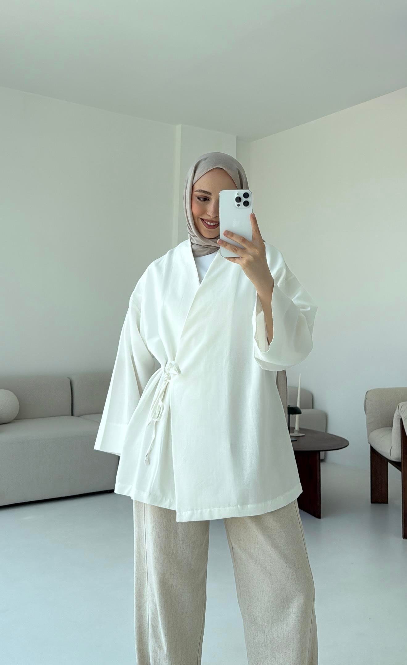 Pamuk Keten Yandan Bağlamalı Kimono Beyaz