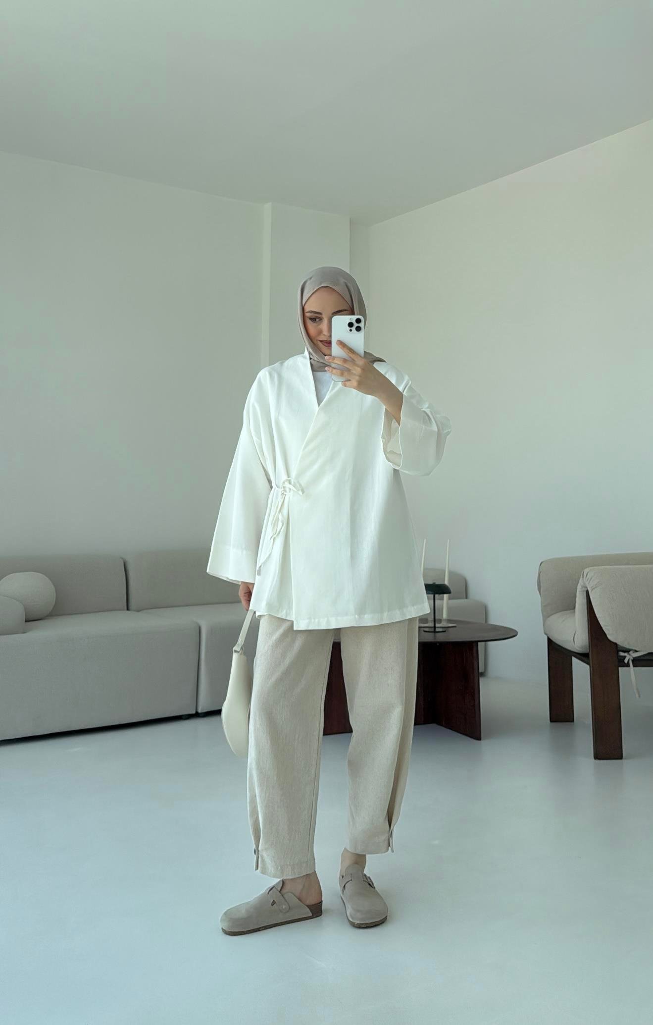 Pamuk Keten Yandan Bağlamalı Kimono Beyaz